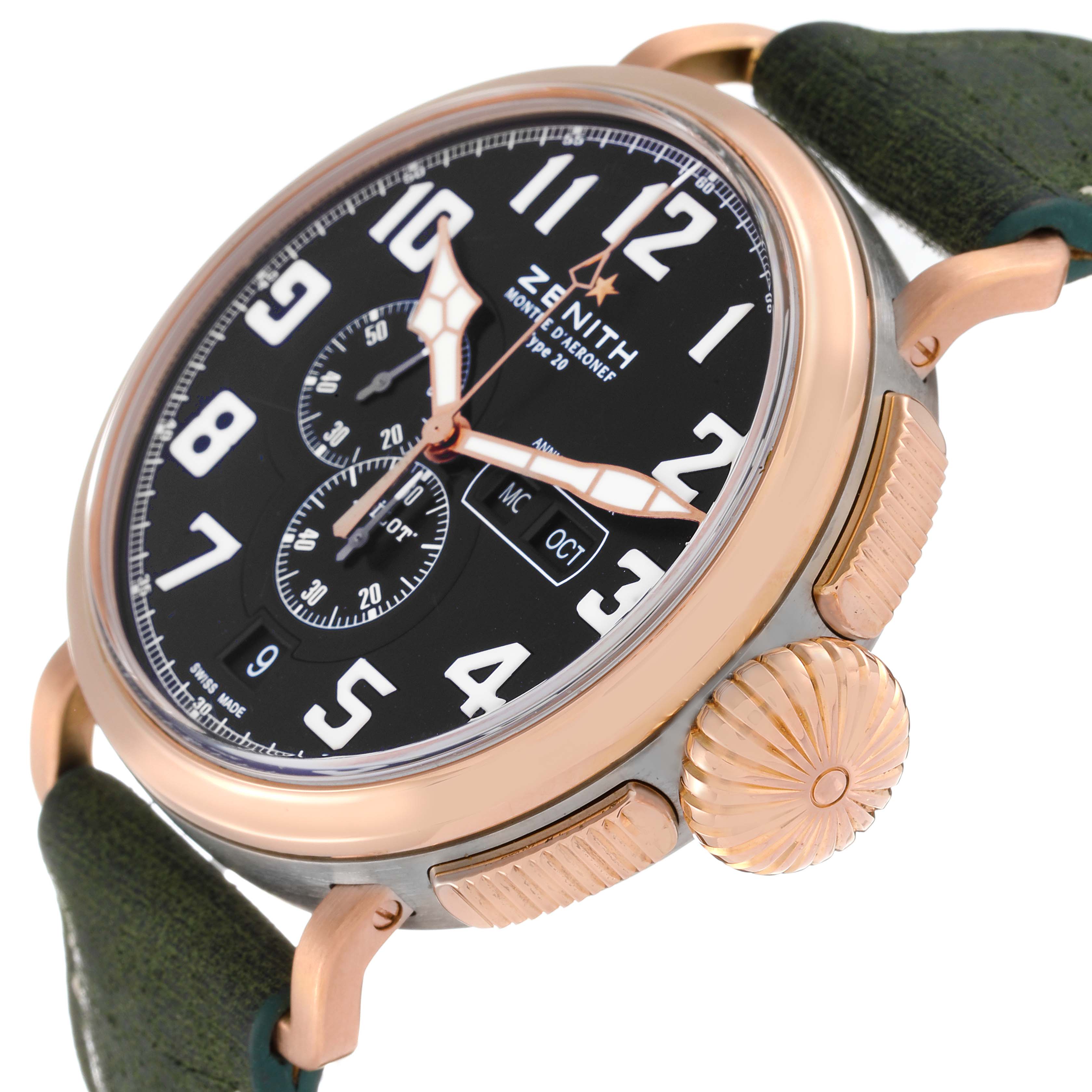 The image shows a close-up, angled view of the dial, bezel, and crown of the Zenith Pilot 87.2430.4054 Men's Titanium Grey Dial 87.2430.4054 Men's Titanium Grey Dial watch.