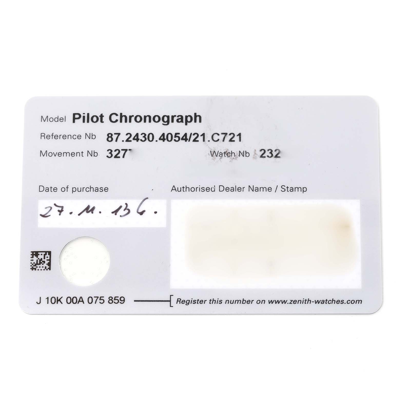 This image shows the warranty card for the Zenith Pilot 87.2430.4054 Men's Titanium Grey Dial 87.2430.4054 Men's Titanium Grey Dial Chronograph watch.