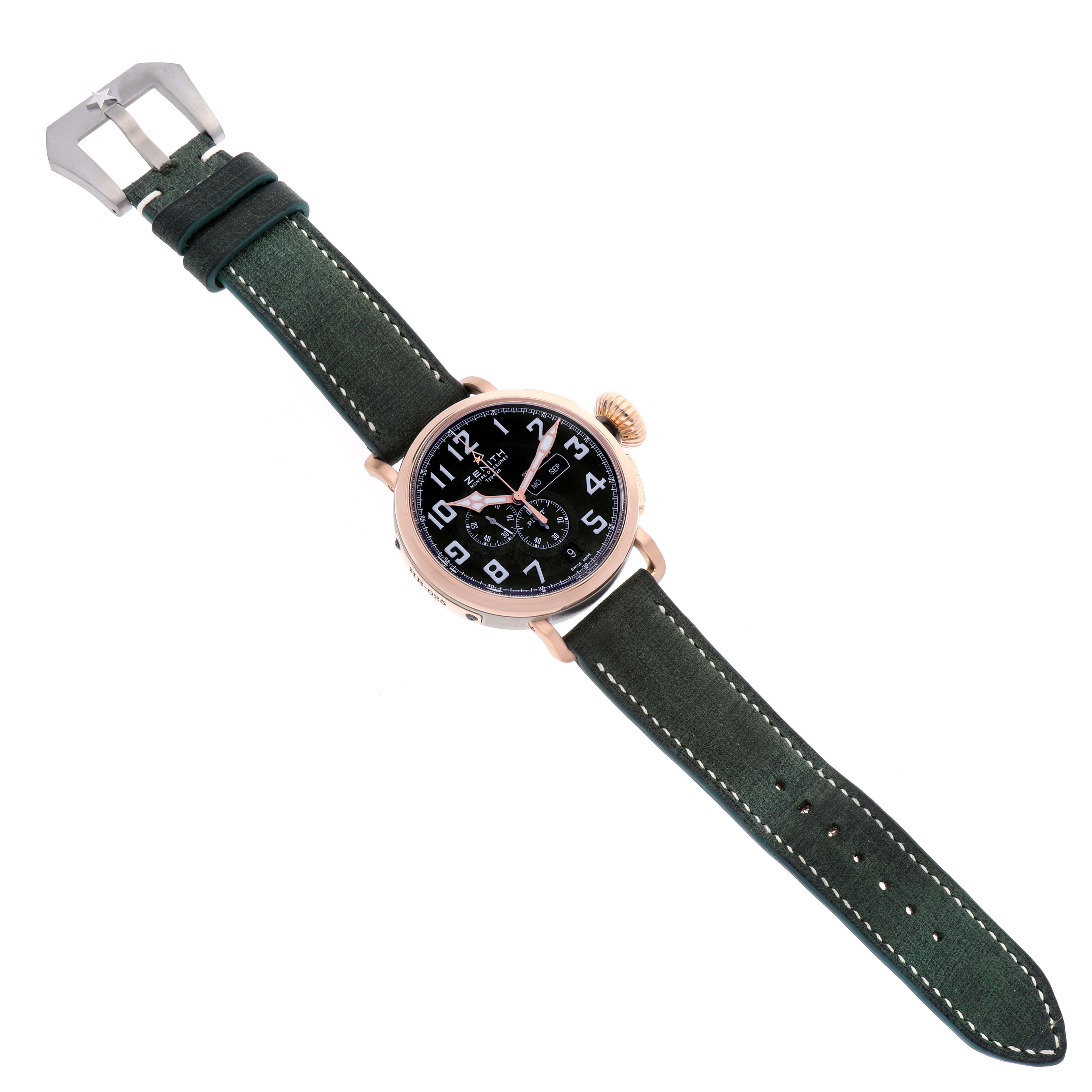 The image shows a Zenith Pilot 87.2430.4054 Men's Titanium Grey Dial 87.2430.4054 Men's Titanium Grey Dial model watch from a top-down angle, highlighting the dial, green strap, and buckle.