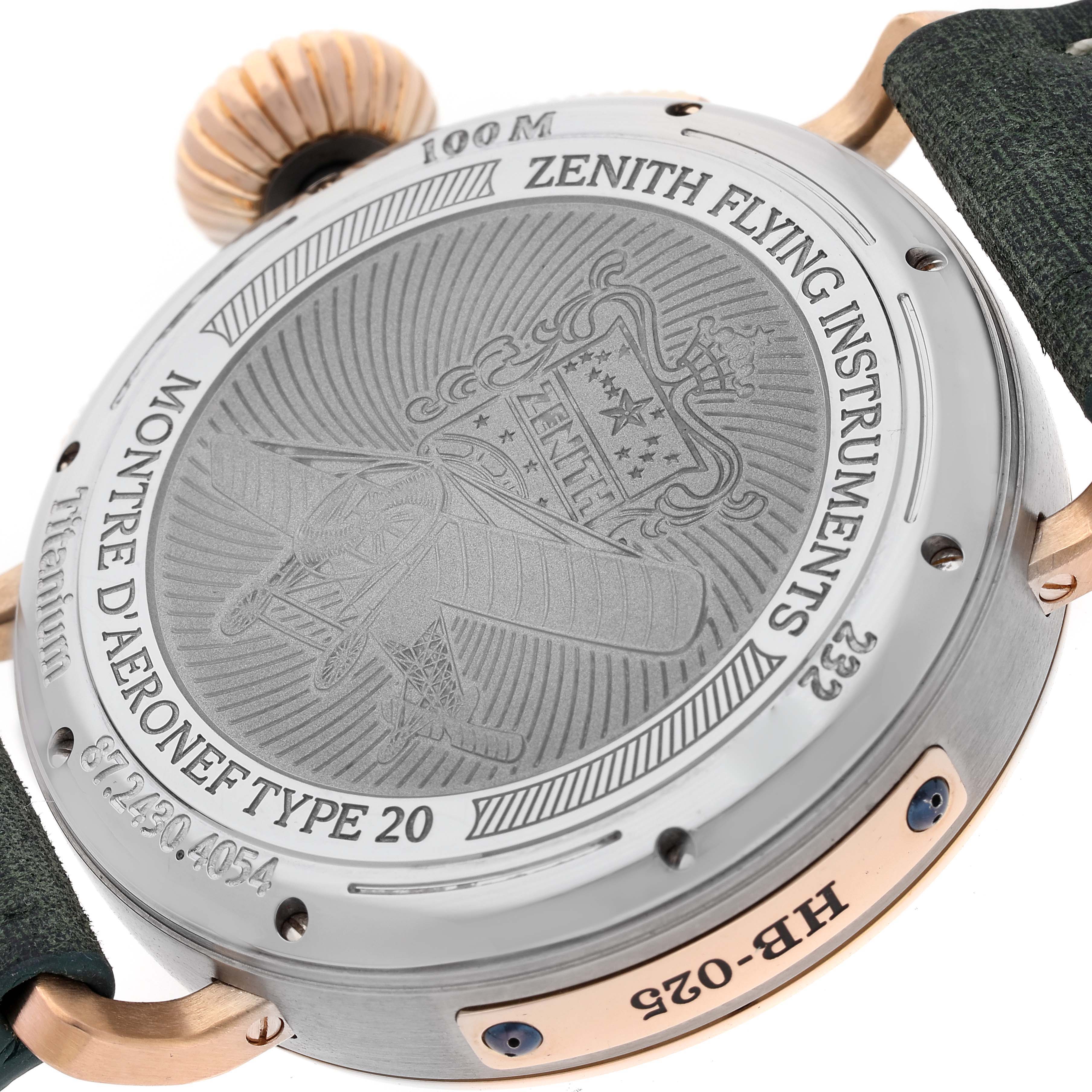 The image shows the back and side of the Zenith Pilot 87.2430.4054 Men's Titanium Grey Dial 87.2430.4054 Men's Titanium Grey Dial watch with the crown and strap visible.