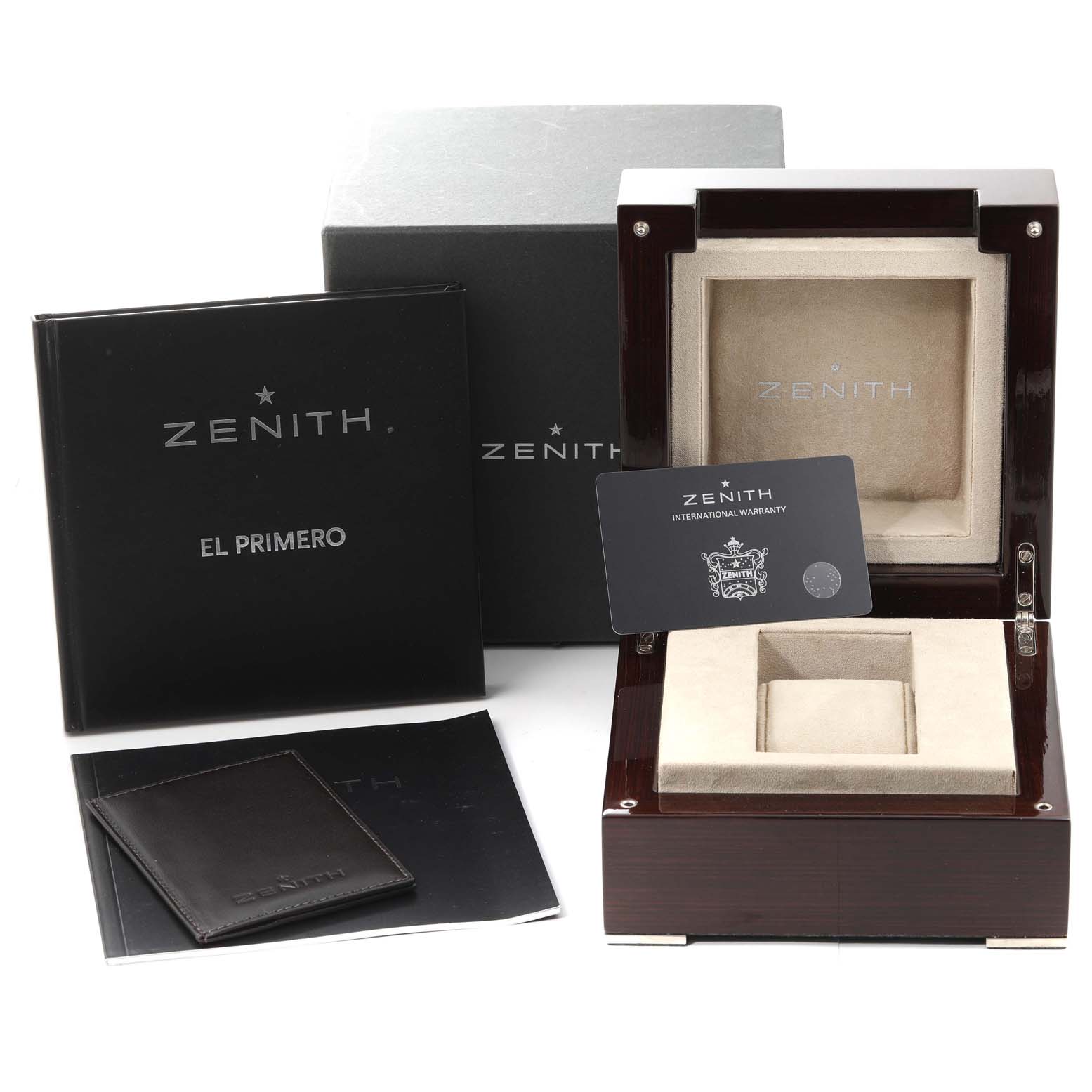 The image shows the packaging for the Zenith Pilot 87.2430.4054 Men's Titanium Grey Dial 87.2430.4054 Men's Titanium Grey Dial watch, including the box, booklet, warranty card, and case.