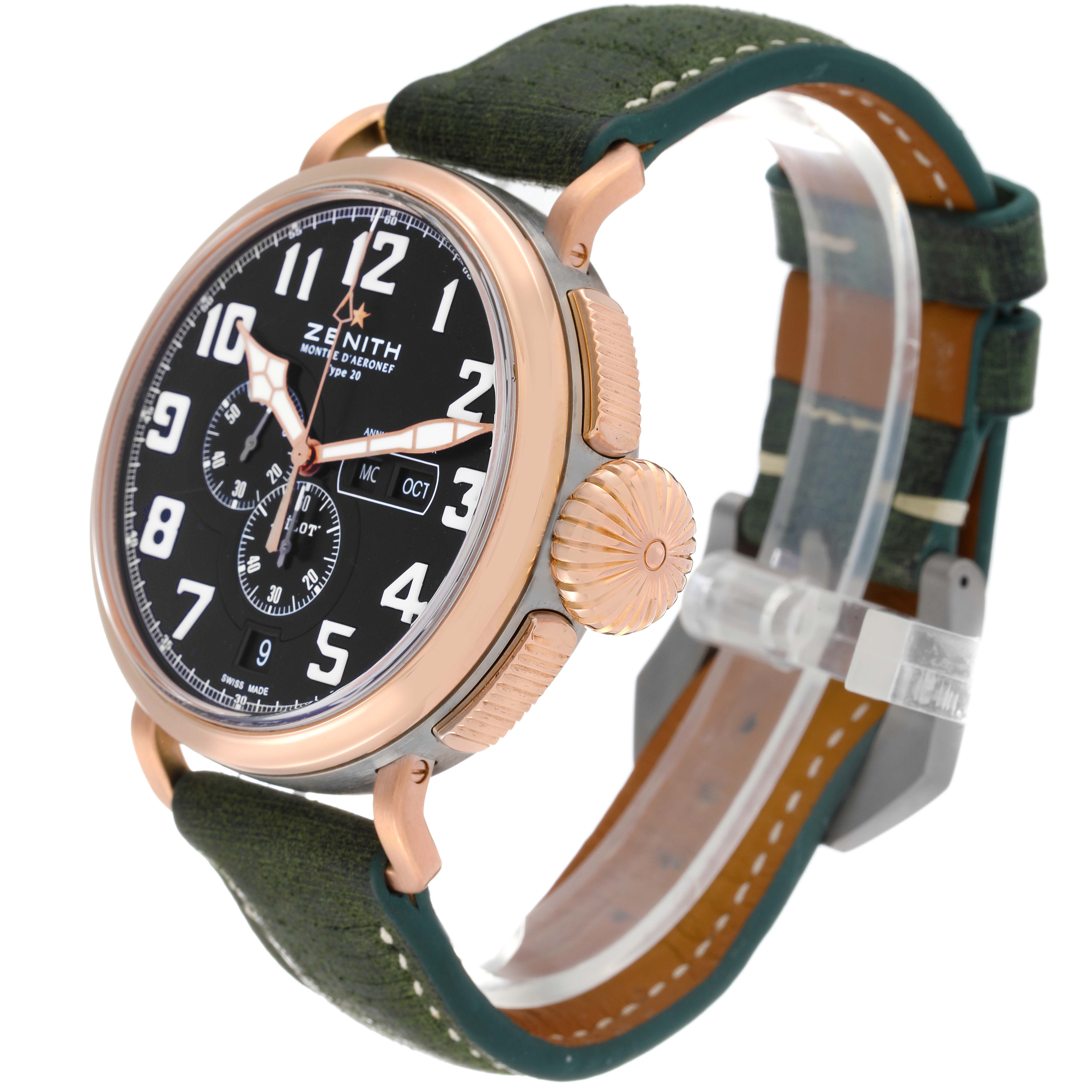 The Zenith Pilot 87.2430.4054 Men's Titanium Grey Dial 87.2430.4054 Men's Titanium Grey Dial watch is shown at a three-quarter angle, displaying the face, crown, pushers, and green strap.