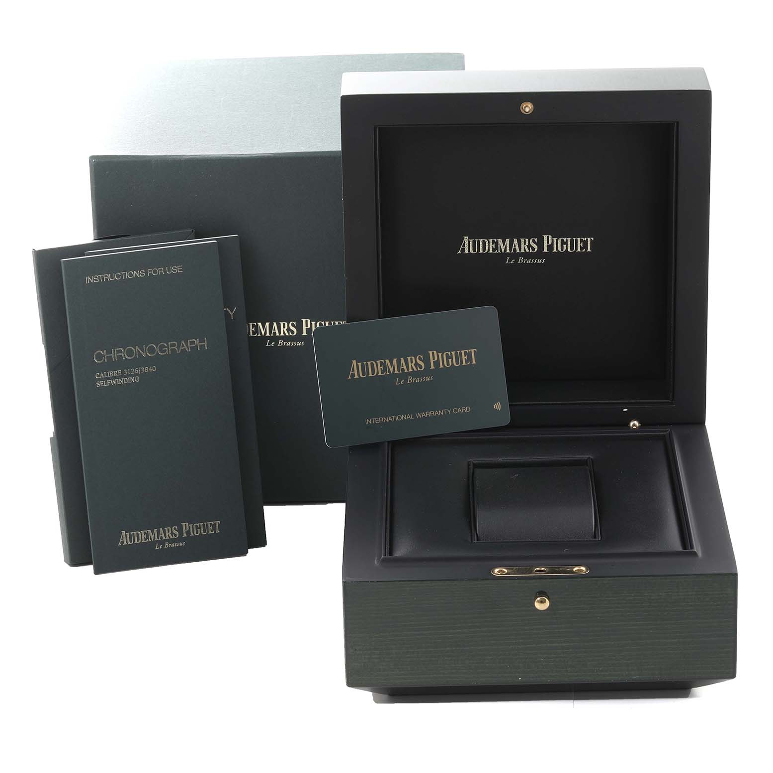 The image shows the Audemars Piguet Royal Oak Offshore 26400IO.OO.A004CA.01 Men's Titanium Grey Dial 26400IO.OO.A004CA.01 Men's Titanium Grey Dial watch box, warranty card, user manual, and chronograph instructions.