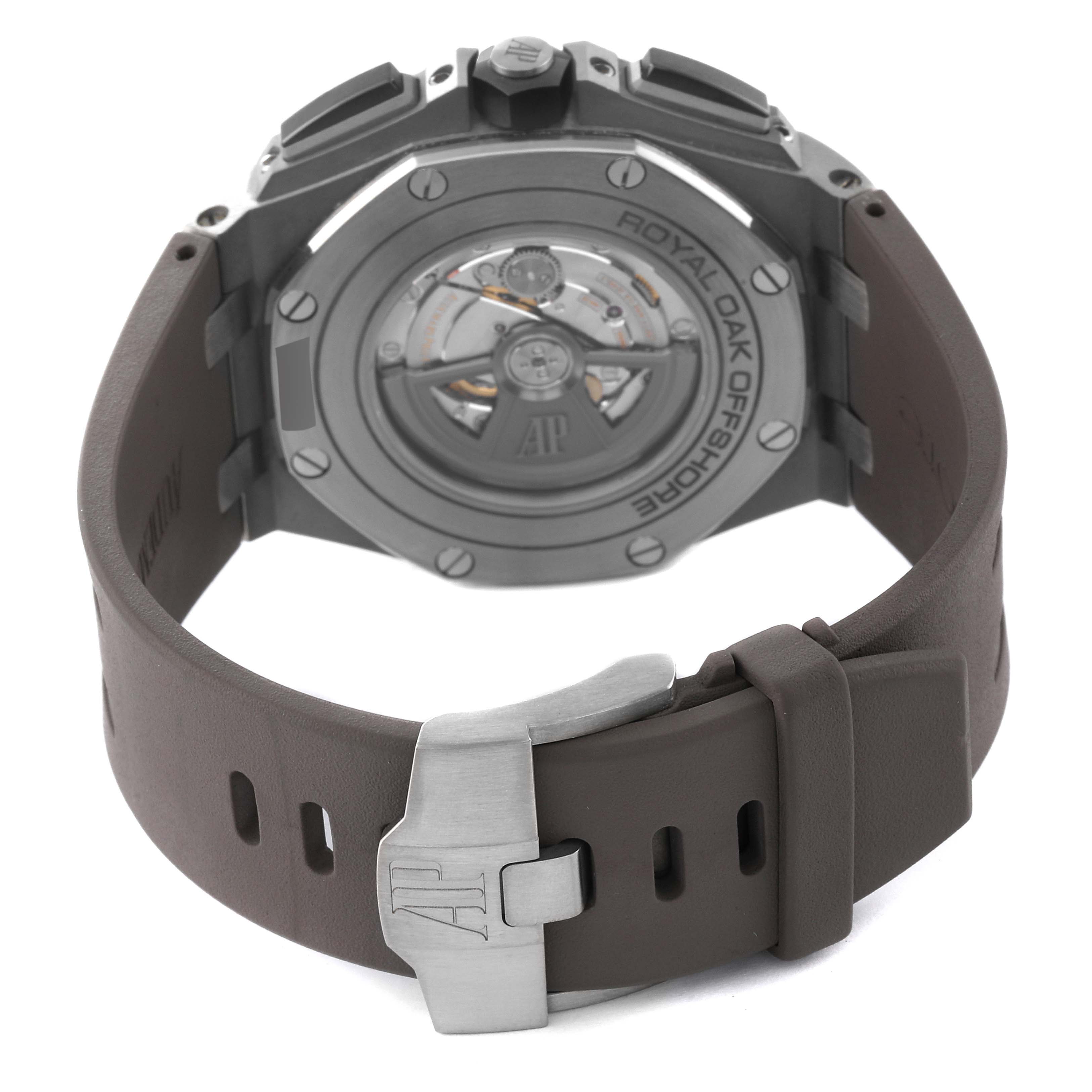 The image shows the back view of the Audemars Piguet Royal Oak Offshore 26400IO.OO.A004CA.01 Men's Titanium Grey Dial 26400IO.OO.A004CA.01 Men's Titanium Grey Dial watch, displaying the case back and strap.