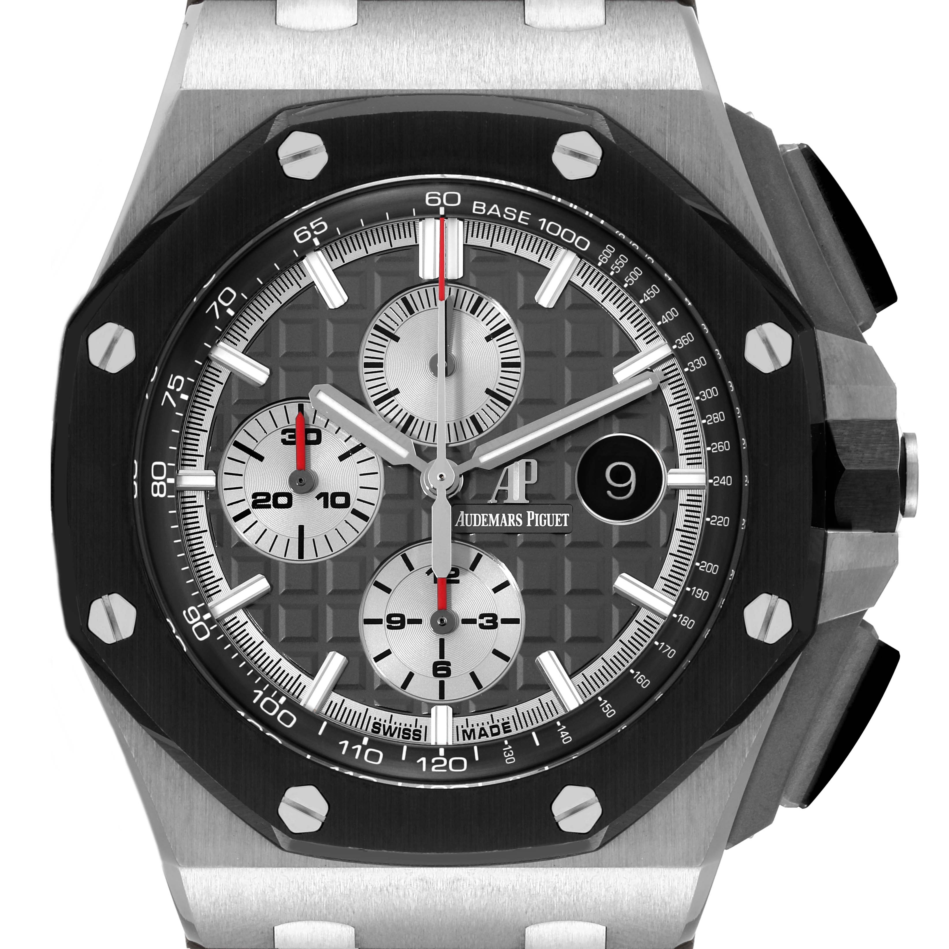 The image shows a close-up front view of the Audemars Piguet Royal Oak Offshore 26400IO.OO.A004CA.01 Men's Titanium Grey Dial 26400IO.OO.A004CA.01 Men's Titanium Grey Dial model, displaying the dial and bezel prominently.