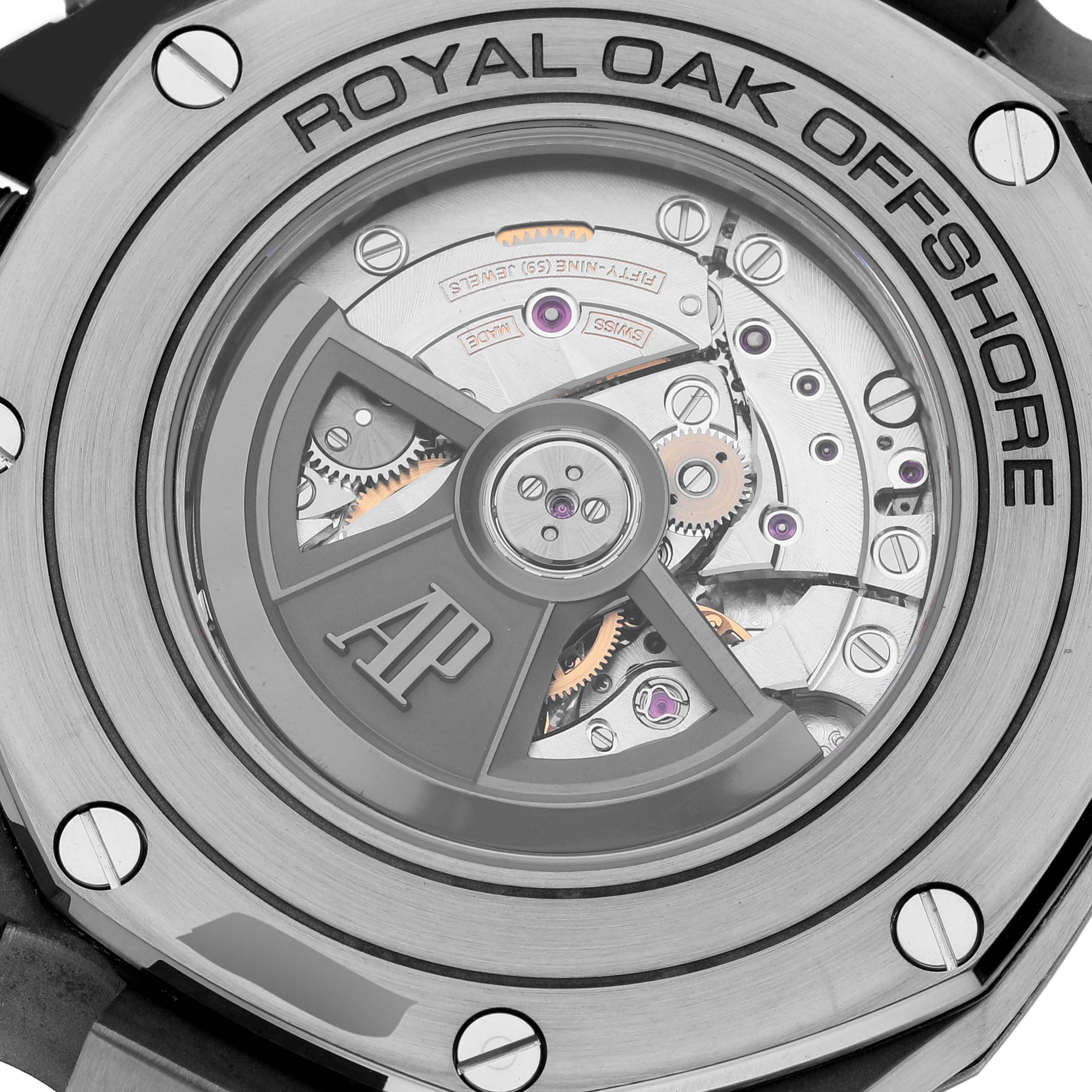 This image shows the back view of an Audemars Piguet Royal Oak Offshore 26400IO.OO.A004CA.01 Men's Titanium Grey Dial 26400IO.OO.A004CA.01 Men's Titanium Grey Dial watch, highlighting the movement mechanism.