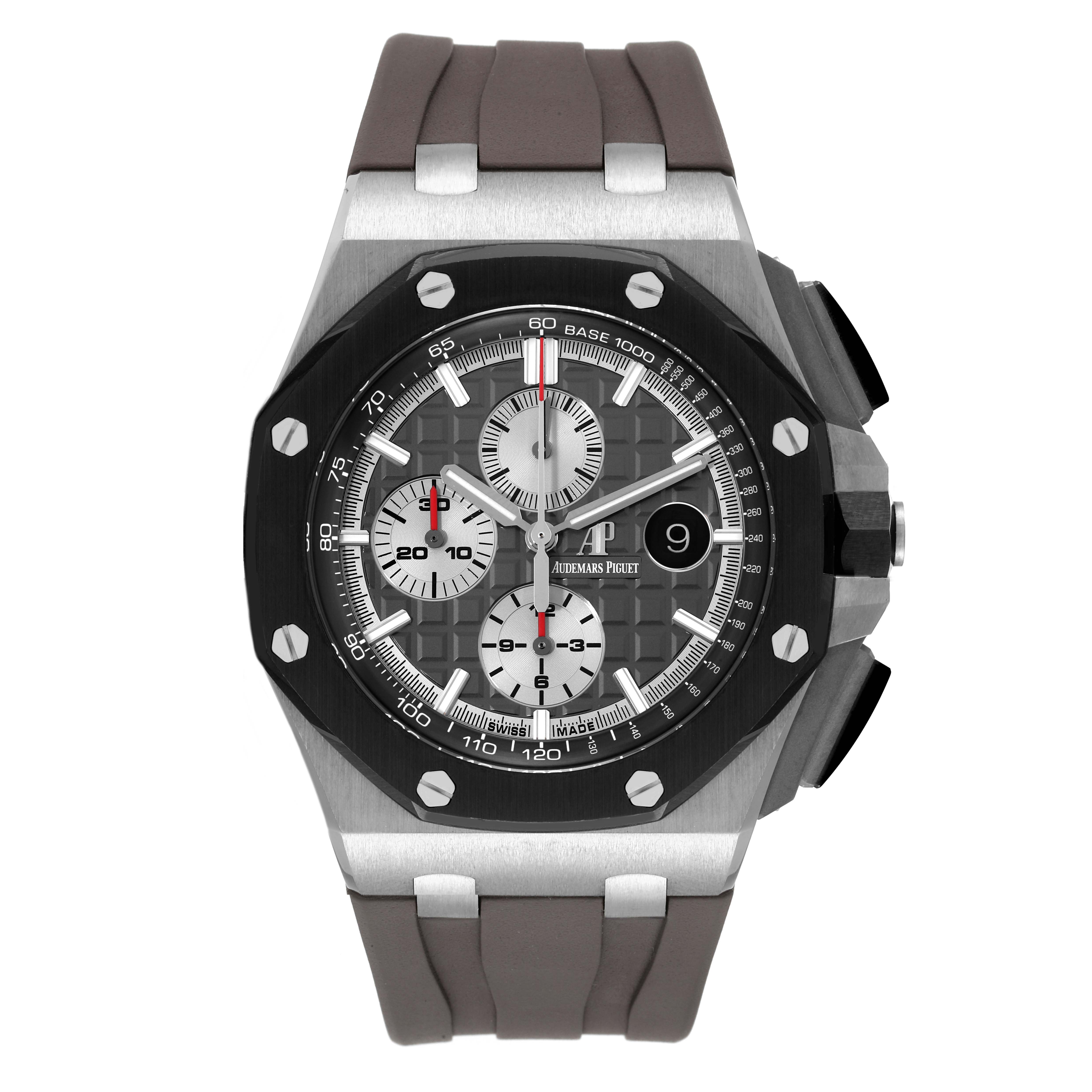 This image shows the front view of an Audemars Piguet Royal Oak Offshore 26400IO.OO.A004CA.01 Men's Titanium Grey Dial 26400IO.OO.A004CA.01 Men's Titanium Grey Dial watch, displaying the dial and strap.