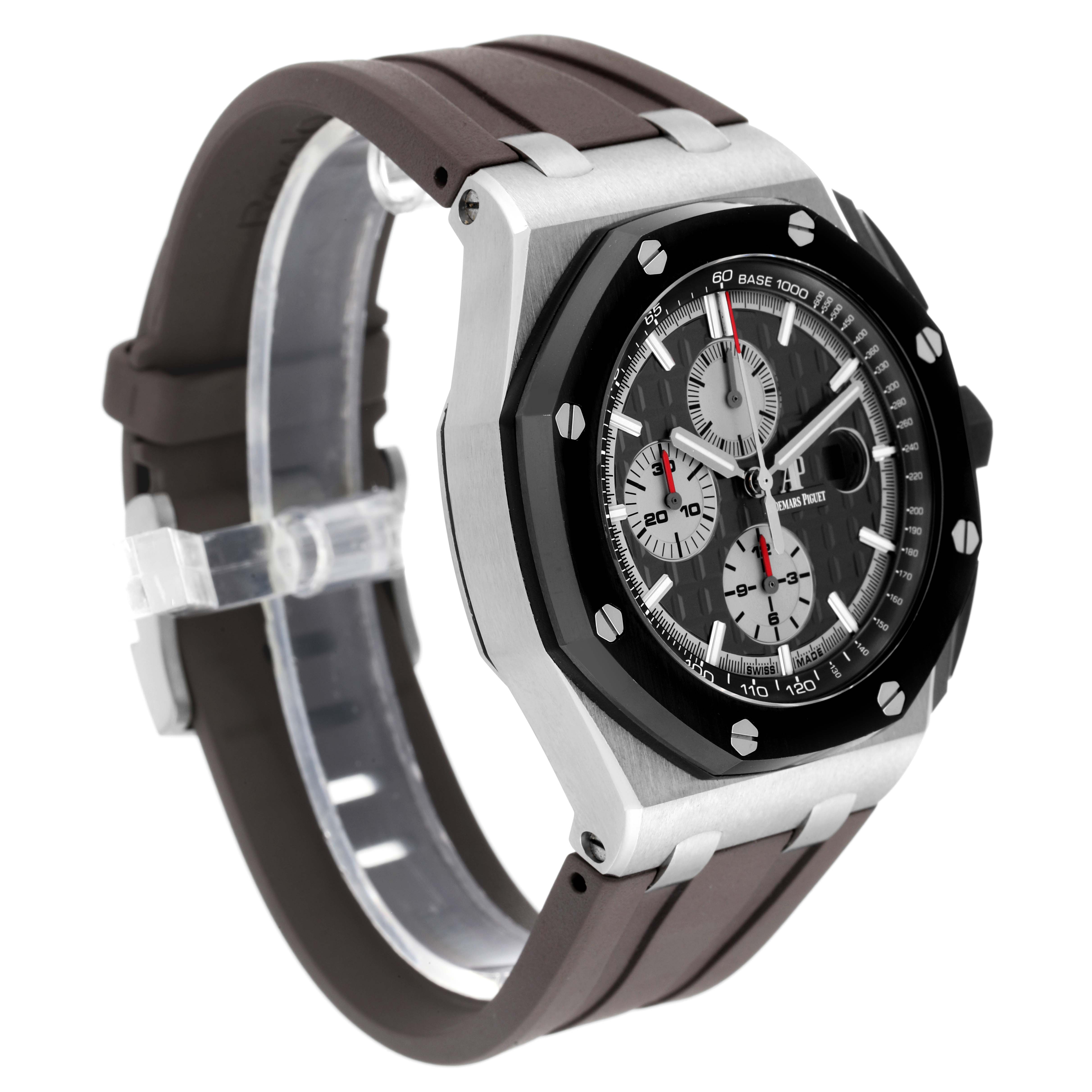 This image shows a side view of the Audemars Piguet Royal Oak Offshore 26400IO.OO.A004CA.01 Men's Titanium Grey Dial 26400IO.OO.A004CA.01 Men's Titanium Grey Dial watch, showcasing its case, bezel, dial, and strap.
