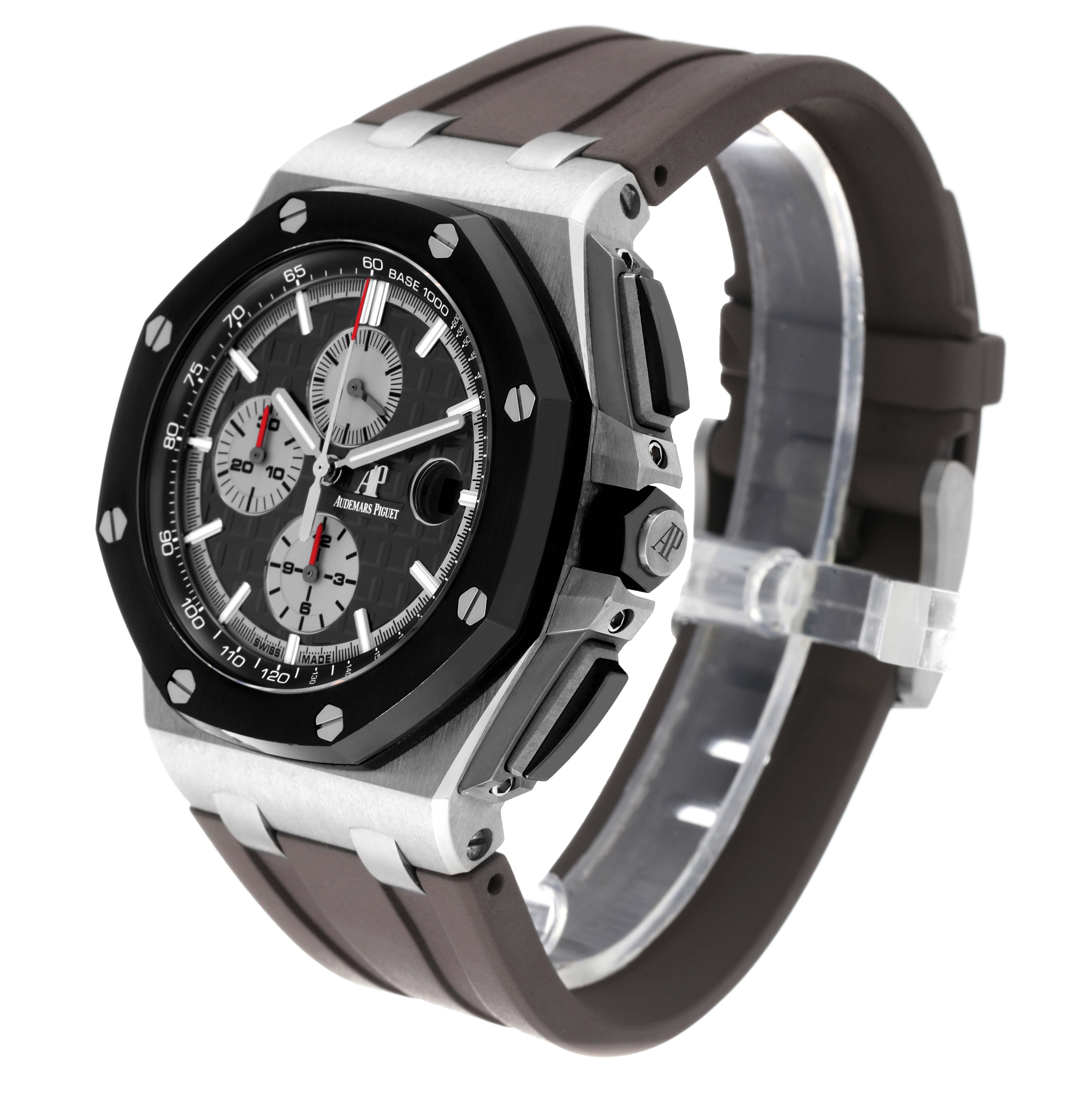 The image shows the Audemars Piguet Royal Oak Offshore 26400IO.OO.A004CA.01 Men's Titanium Grey Dial 26400IO.OO.A004CA.01 Men's Titanium Grey Dial model from a front-side angle, highlighting the bezel, case, and strap.