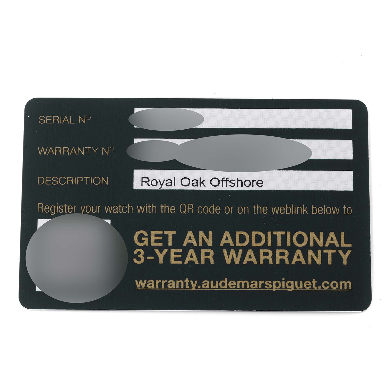 The image shows the warranty card for the Audemars Piguet Royal Oak Offshore 26400IO.OO.A004CA.01 Men's Titanium Grey Dial 26400IO.OO.A004CA.01 Men's Titanium Grey Dial model.