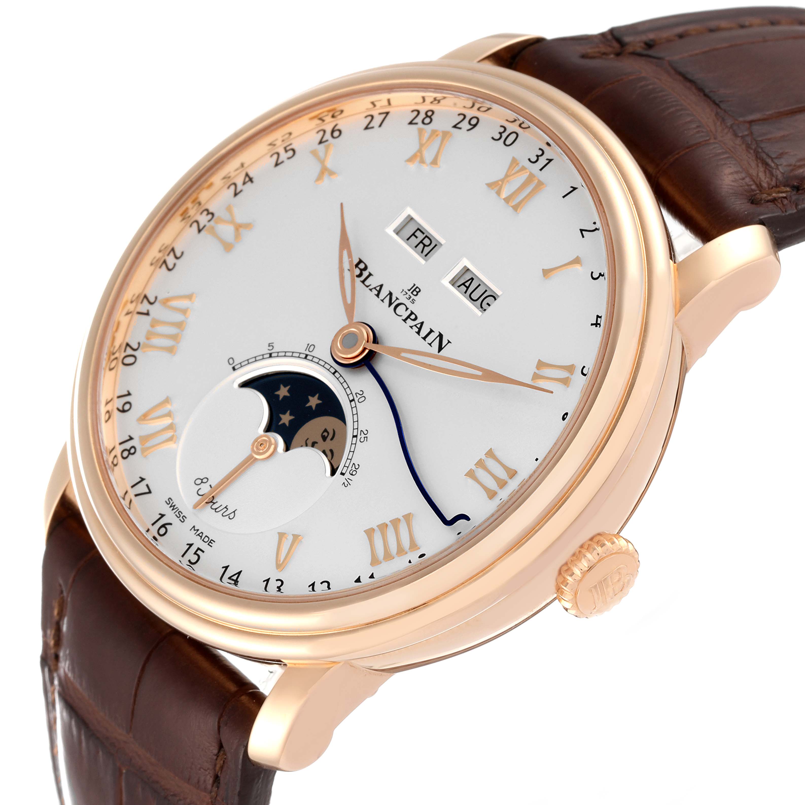 The Blancpain Villeret 6639-3642-55B Men's Rose Gold Silver Dial 6639-3642-55B Men's Rose Gold Silver Dial watch is shown at an angled view, displaying its dial, moon-phase complication, and brown leather strap.