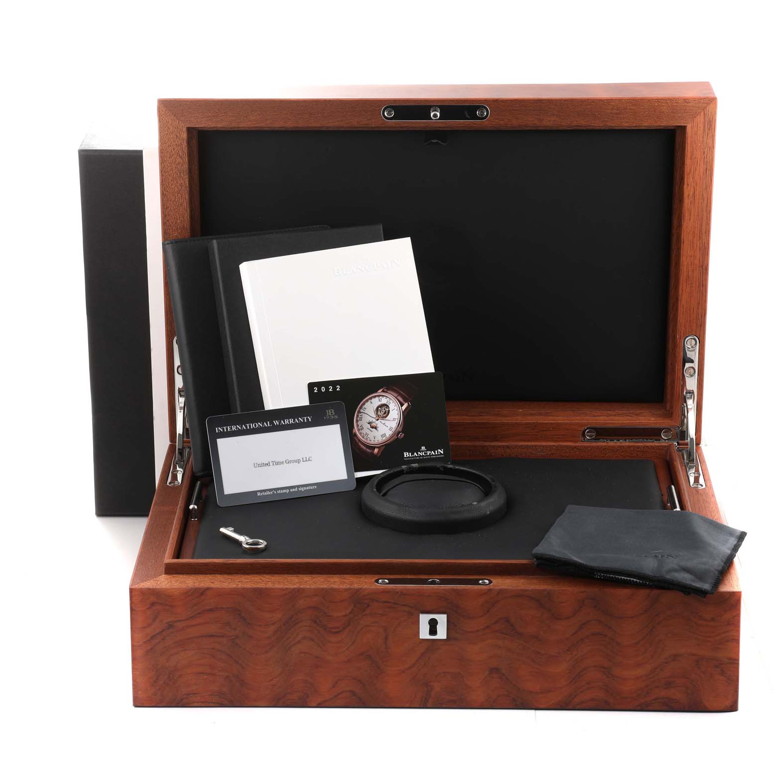 The image shows an open wooden box with warranty cards, a booklet, a key, and accessories for the Blancpain Villeret 6639-3642-55B Men's Rose Gold Silver Dial 6639-3642-55B Men's Rose Gold Silver Dial watch.
