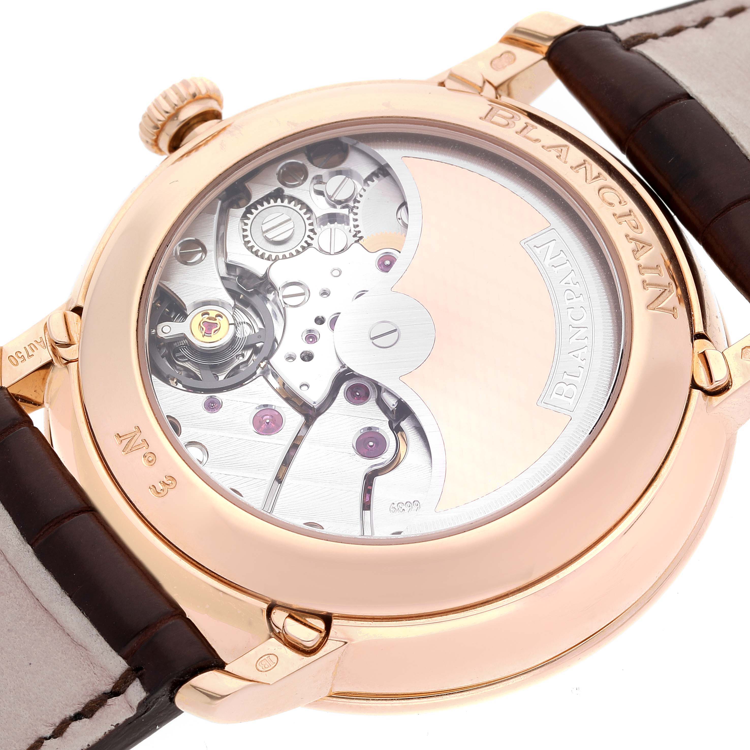 The image shows the case back and movement mechanism of the Blancpain Villeret 6639-3642-55B Men's Rose Gold Silver Dial 6639-3642-55B Men's Rose Gold Silver Dial watch, highlighting the intricate gears and rotor.
