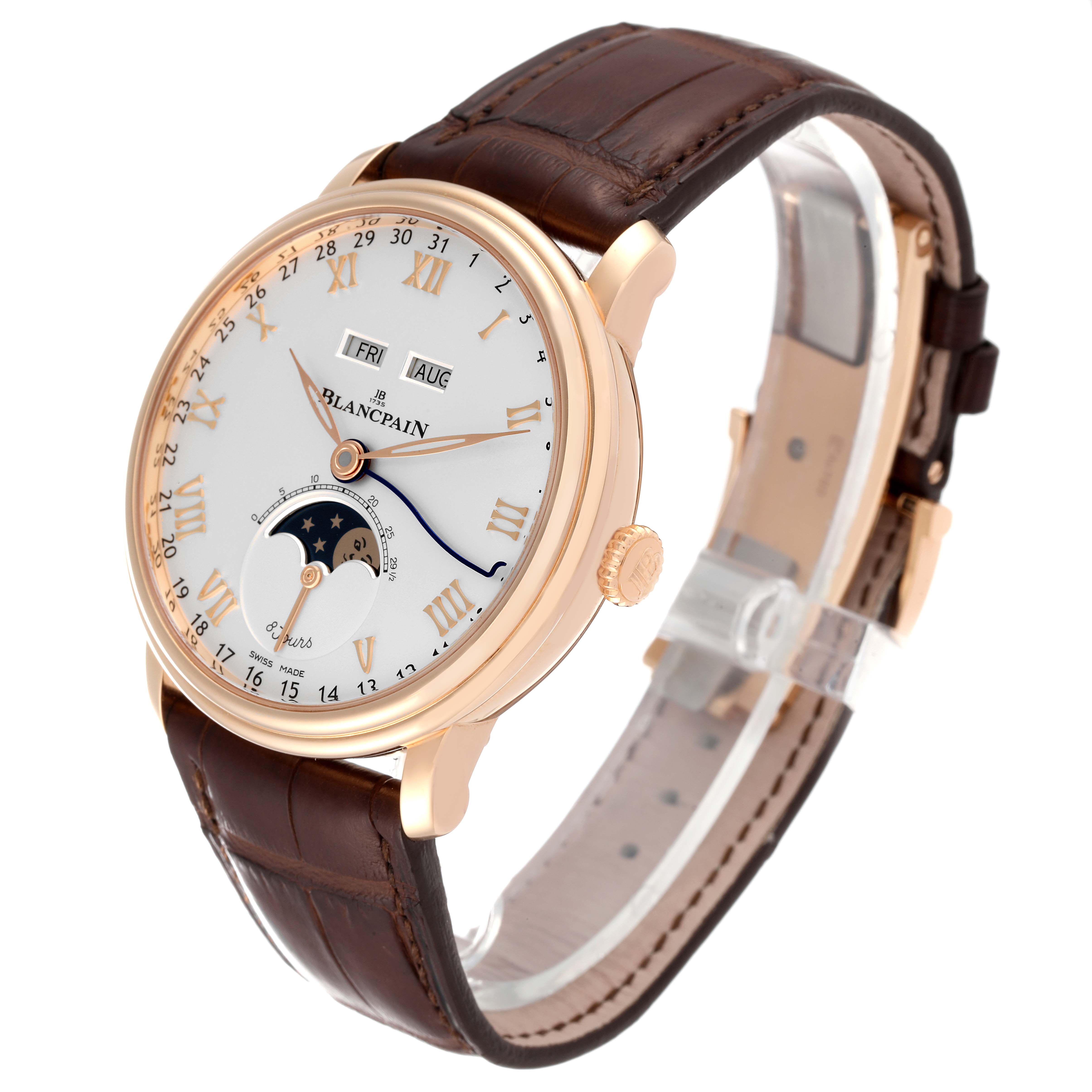 This image shows a side-angle view of a Blancpain Villeret 6639-3642-55B Men's Rose Gold Silver Dial 6639-3642-55B Men's Rose Gold Silver Dial watch, highlighting its dial, brown leather strap, and gold case.