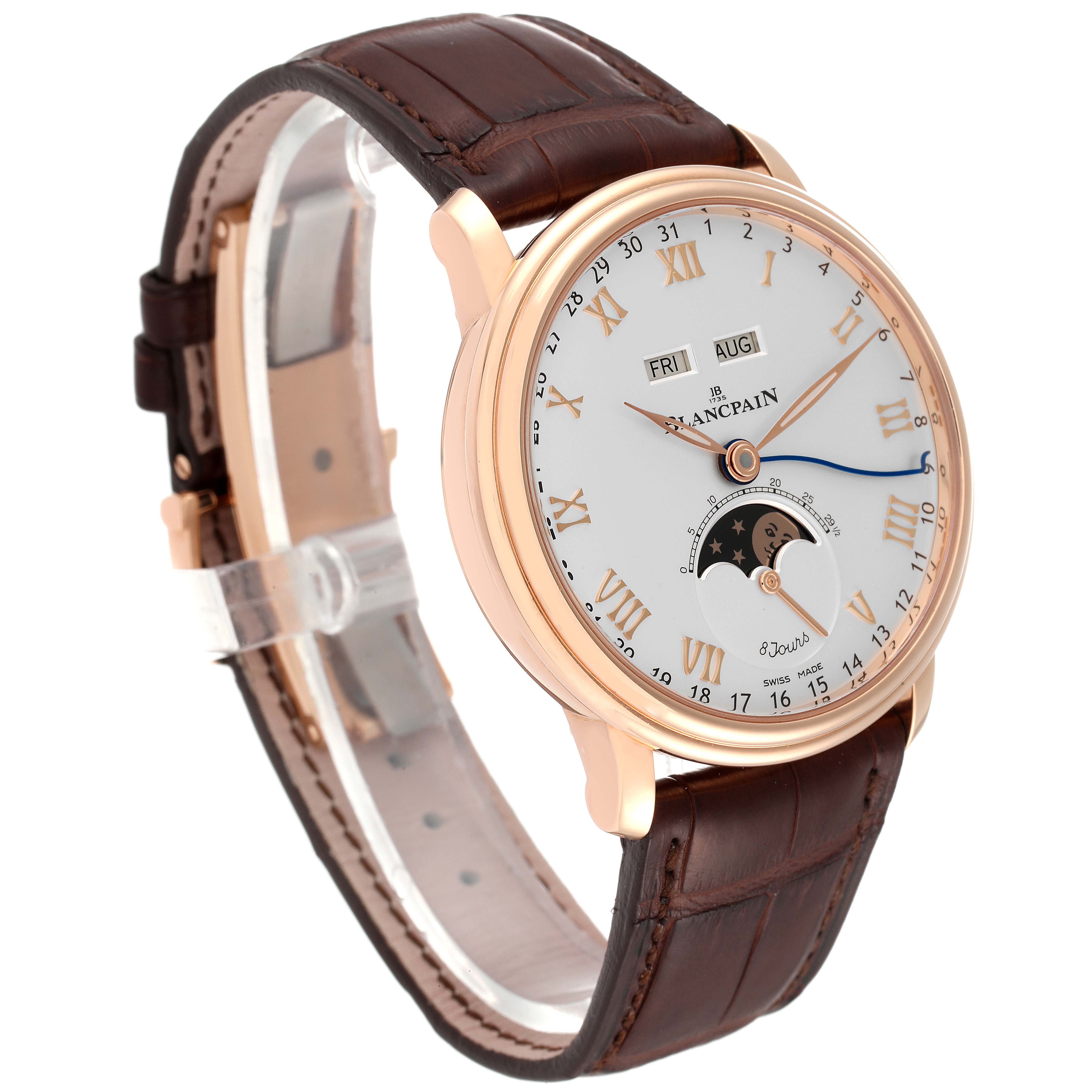 The Blancpain Villeret 6639-3642-55B Men's Rose Gold Silver Dial 6639-3642-55B Men's Rose Gold Silver Dial watch is shown at an angle displaying its brown leather strap and white dial with a rose gold case.