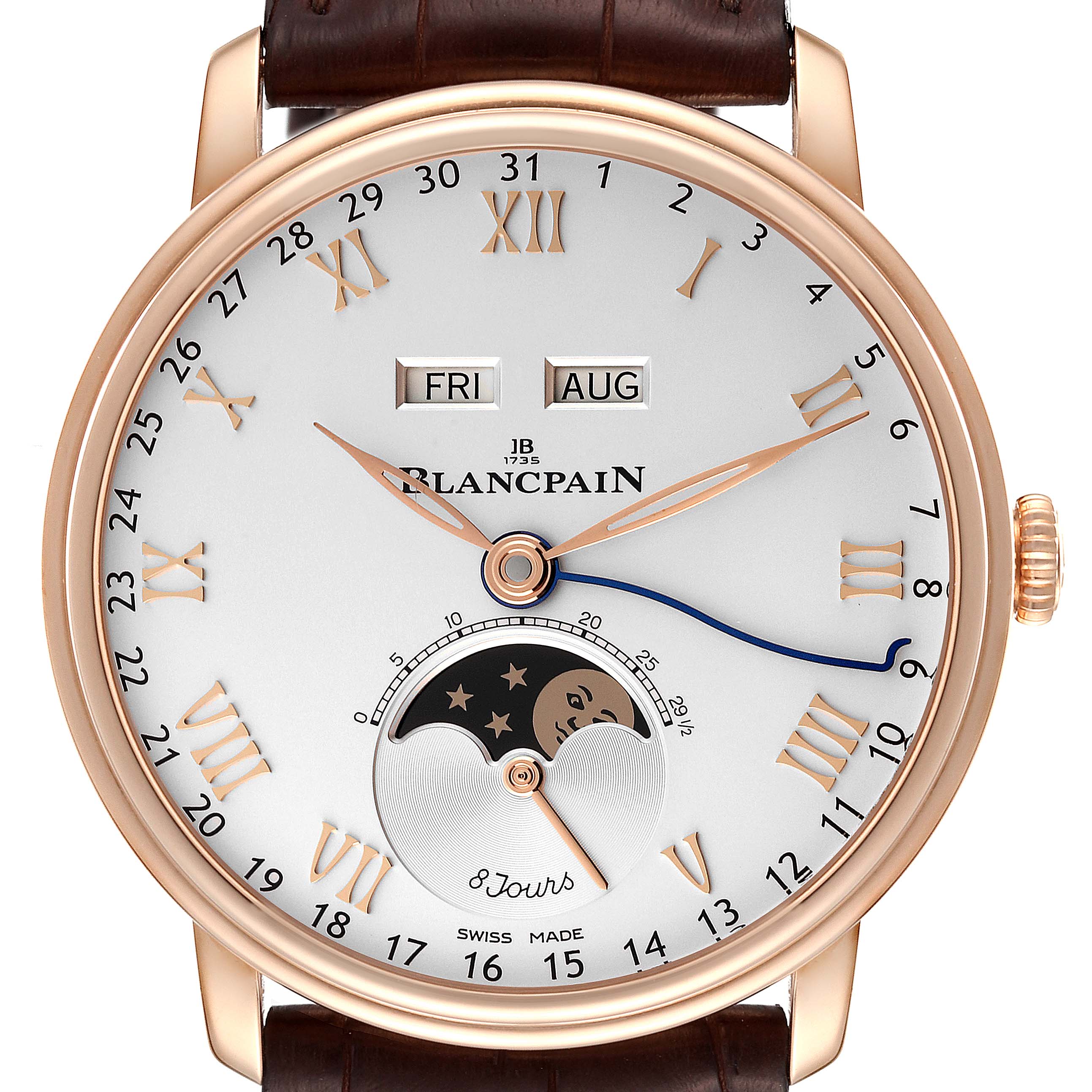 This image shows a Blancpain Villeret 6639-3642-55B Men's Rose Gold Silver Dial 6639-3642-55B Men's Rose Gold Silver Dial watch from a front angle, highlighting its dial, hands, moon phase, date, and day/month windows.