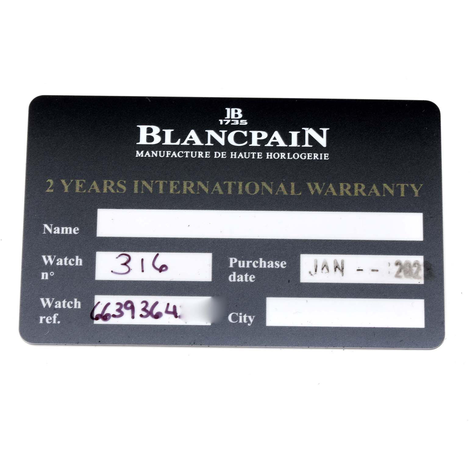 This is a 2-year international warranty card for the Blancpain Villeret 6639-3642-55B Men's Rose Gold Silver Dial 6639-3642-55B Men's Rose Gold Silver Dial watch model.