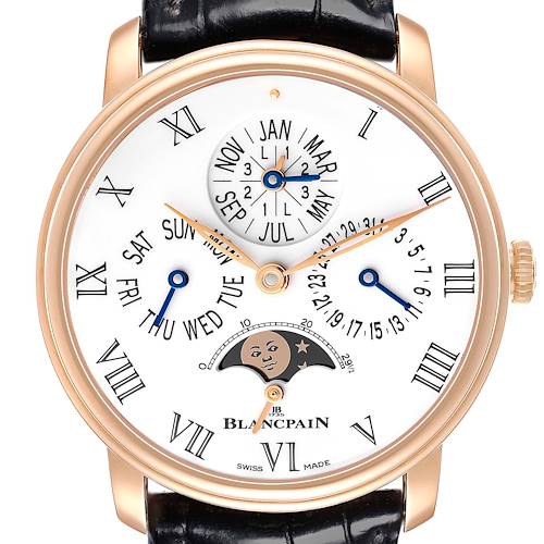The Blancpain Villeret 6659-3631-55B Men's Rose Gold White Dial watch is shown front-on, displaying Roman numerals, calendar subdials, and a moon phase indicator.