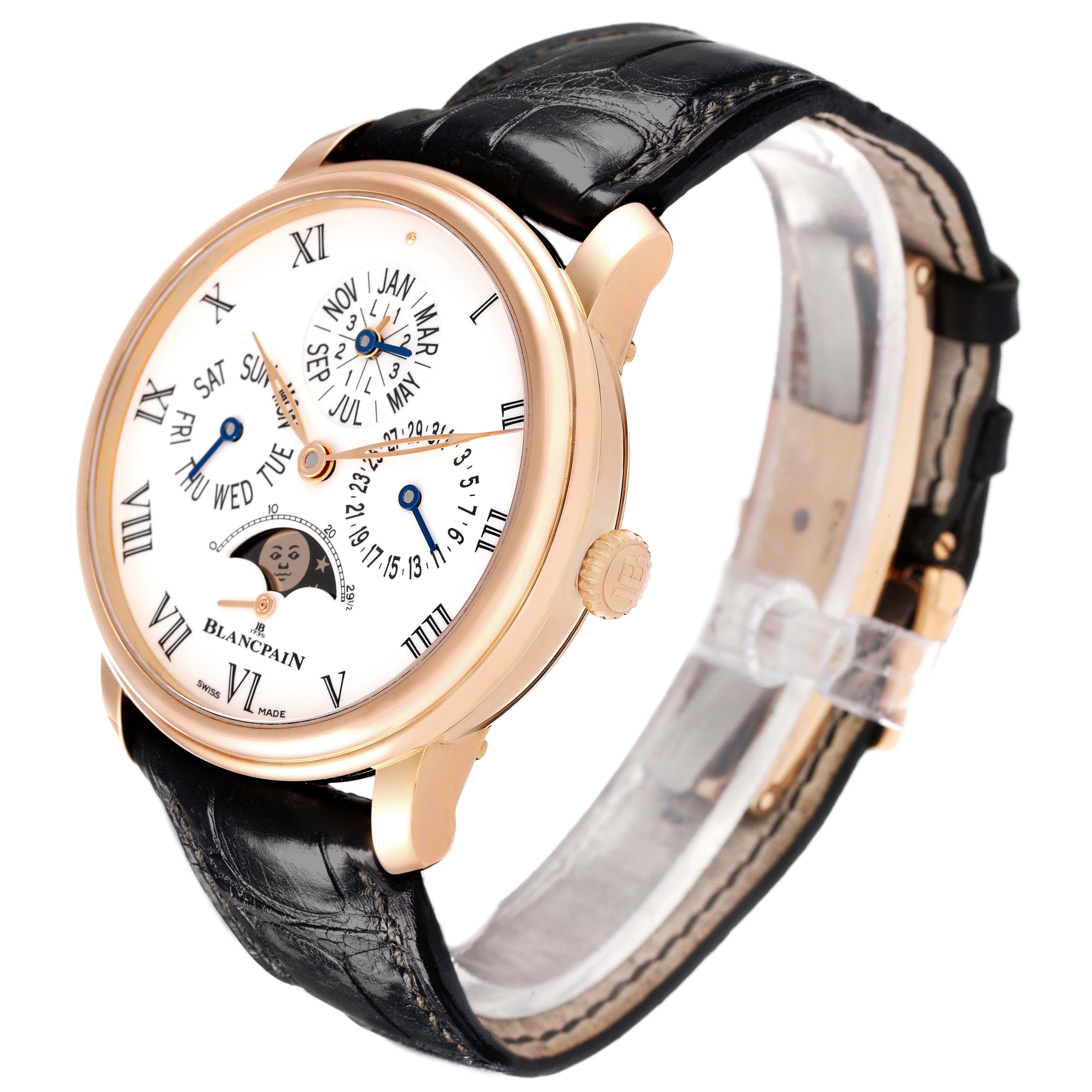 The Blancpain Villeret 6659-3631-55B Men's Rose Gold White Dial watch is shown at a slight angle, displaying the dial, crown, case, and black leather strap.