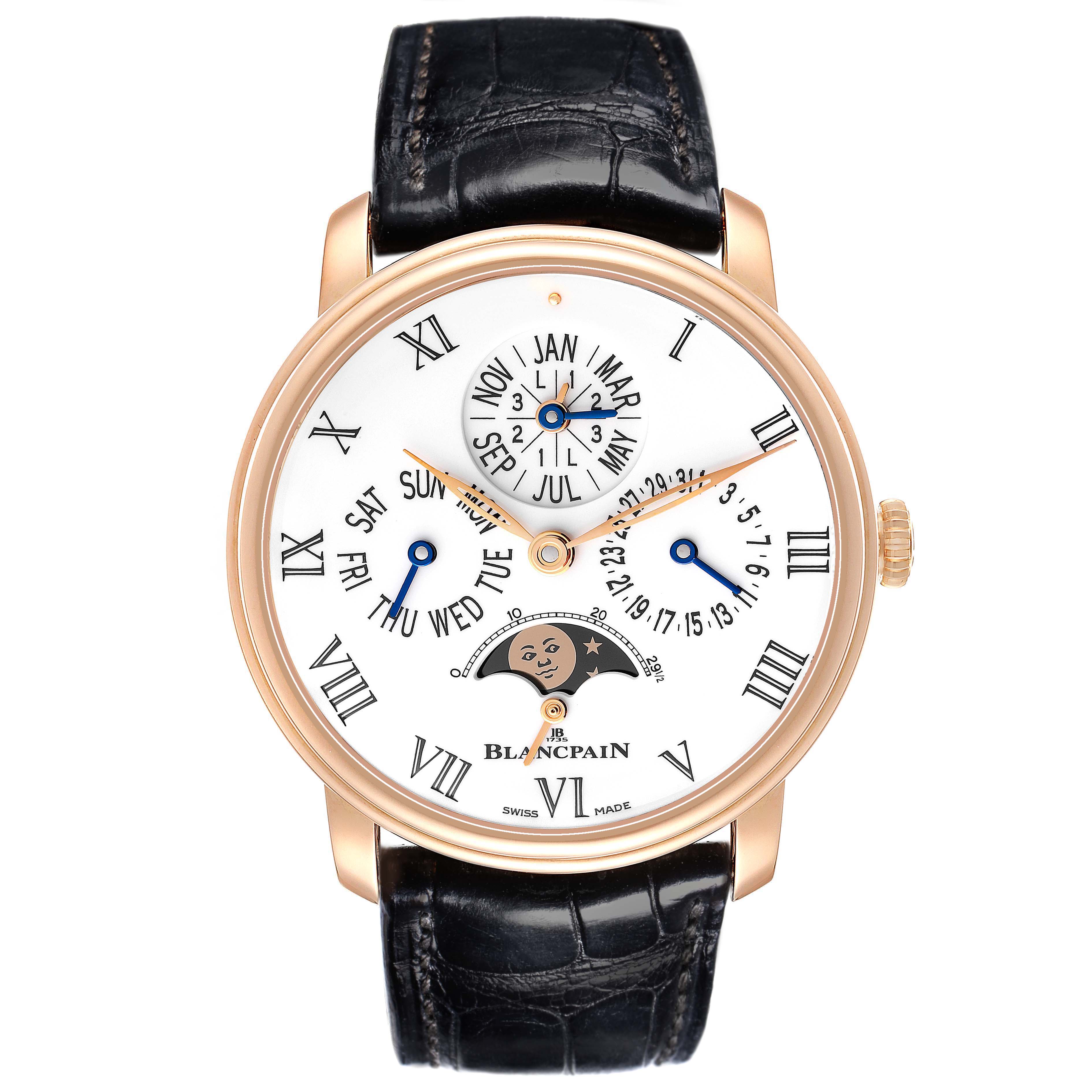 The Blancpain Villeret 6659-3631-55B Men's Rose Gold White Dial watch is shown from a front angle, highlighting the dial with Roman numerals, subdials, and moon phase.