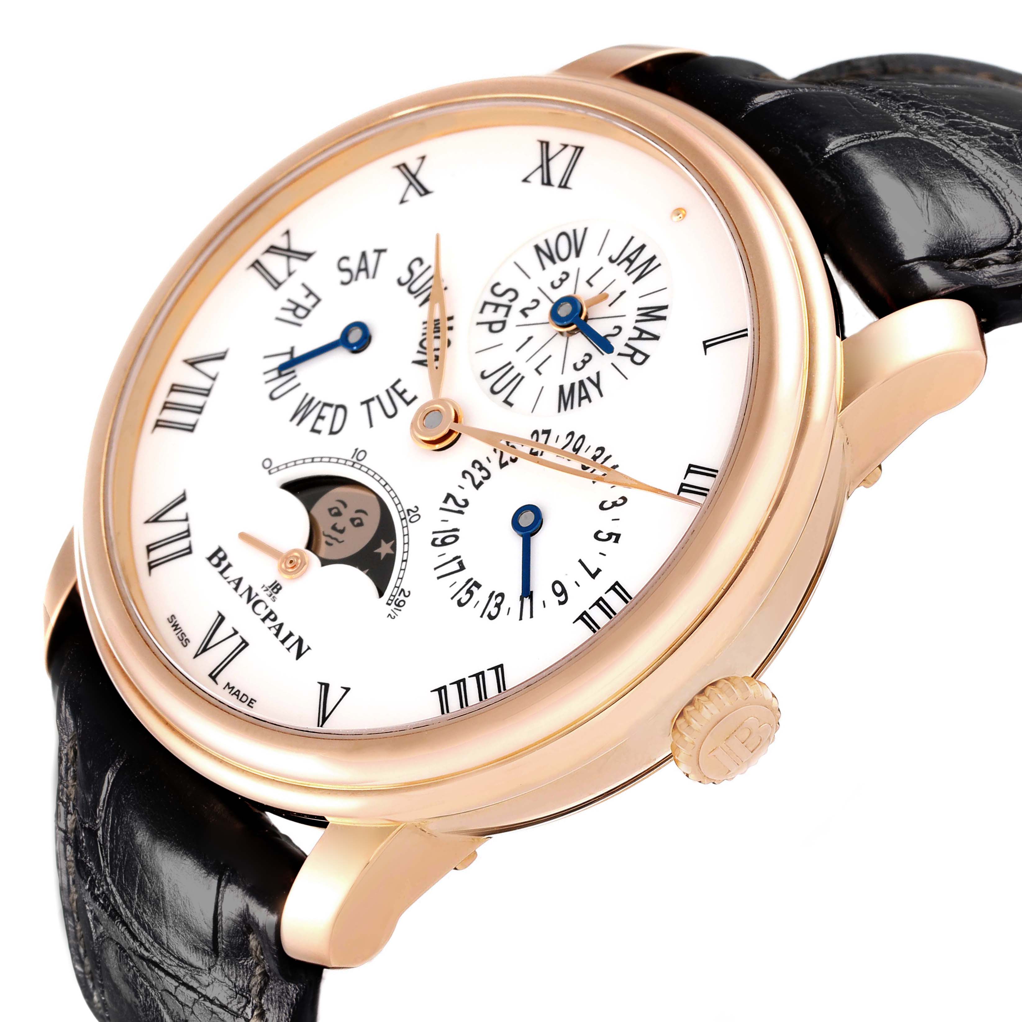 The Blancpain Villeret 6659-3631-55B Men's Rose Gold White Dial watch is shown from a front-left angle, highlighting the dial with Roman numerals, calendar functions, moon phase, and side crown.