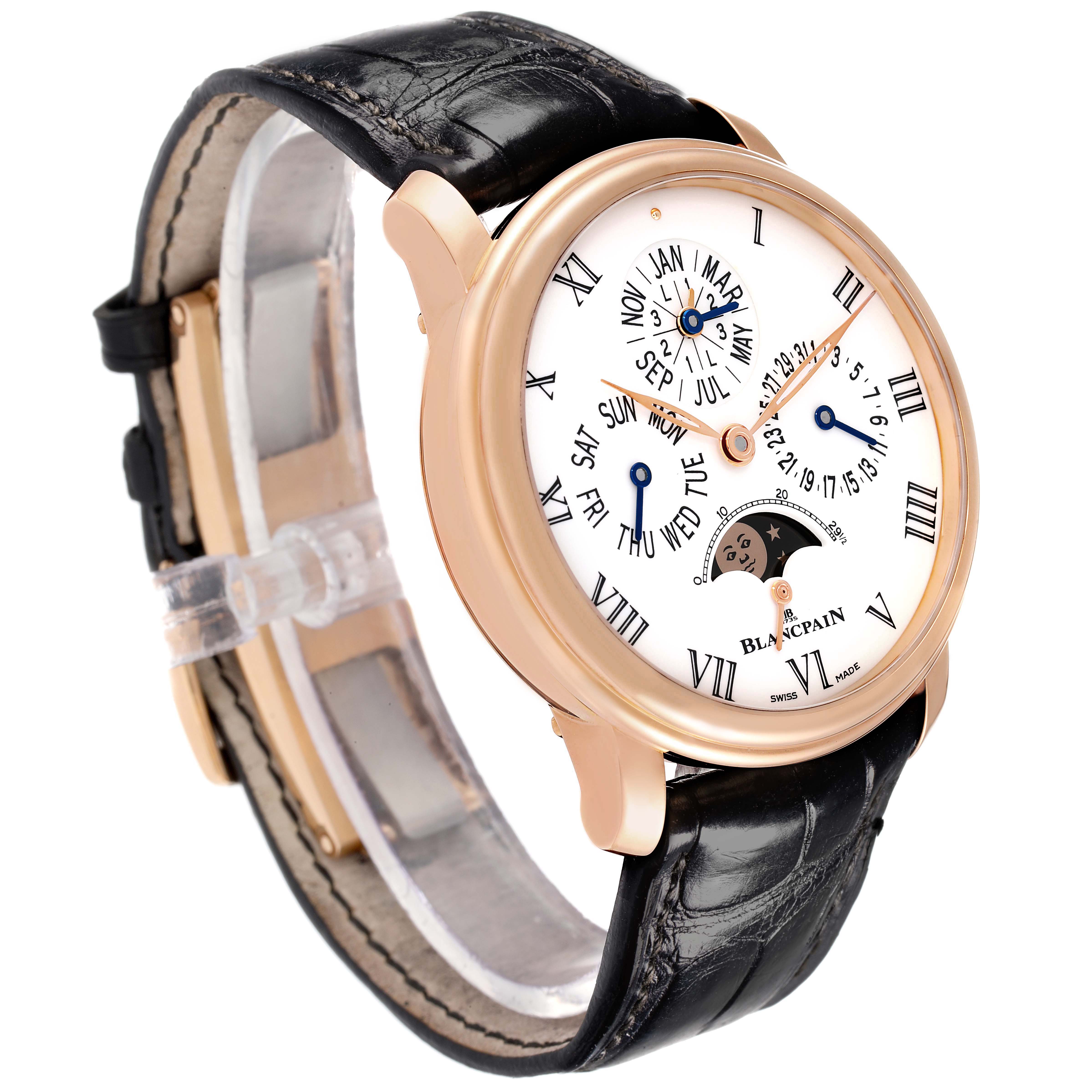 The Blancpain Villeret 6659-3631-55B Men's Rose Gold White Dial watch is shown at a three-quarter angle, displaying its dial, Roman numerals, and leather strap.