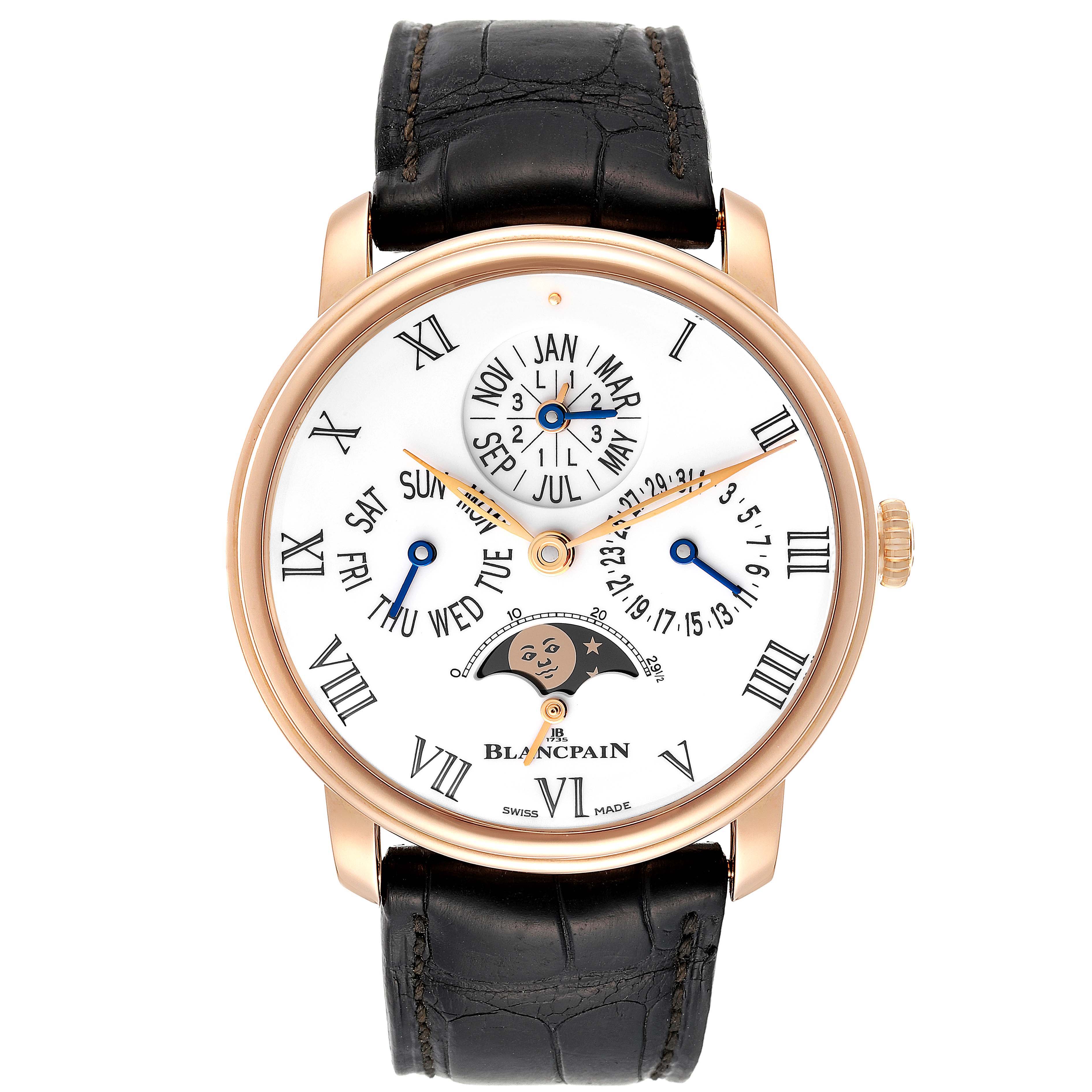 The image shows a front view of the Blancpain Villeret 6659-3631-55B Men's Rose Gold White Dial 6659-3631-55B Men's Rose Gold White Dial watch, highlighting its dial, hands, and calendar subdials.