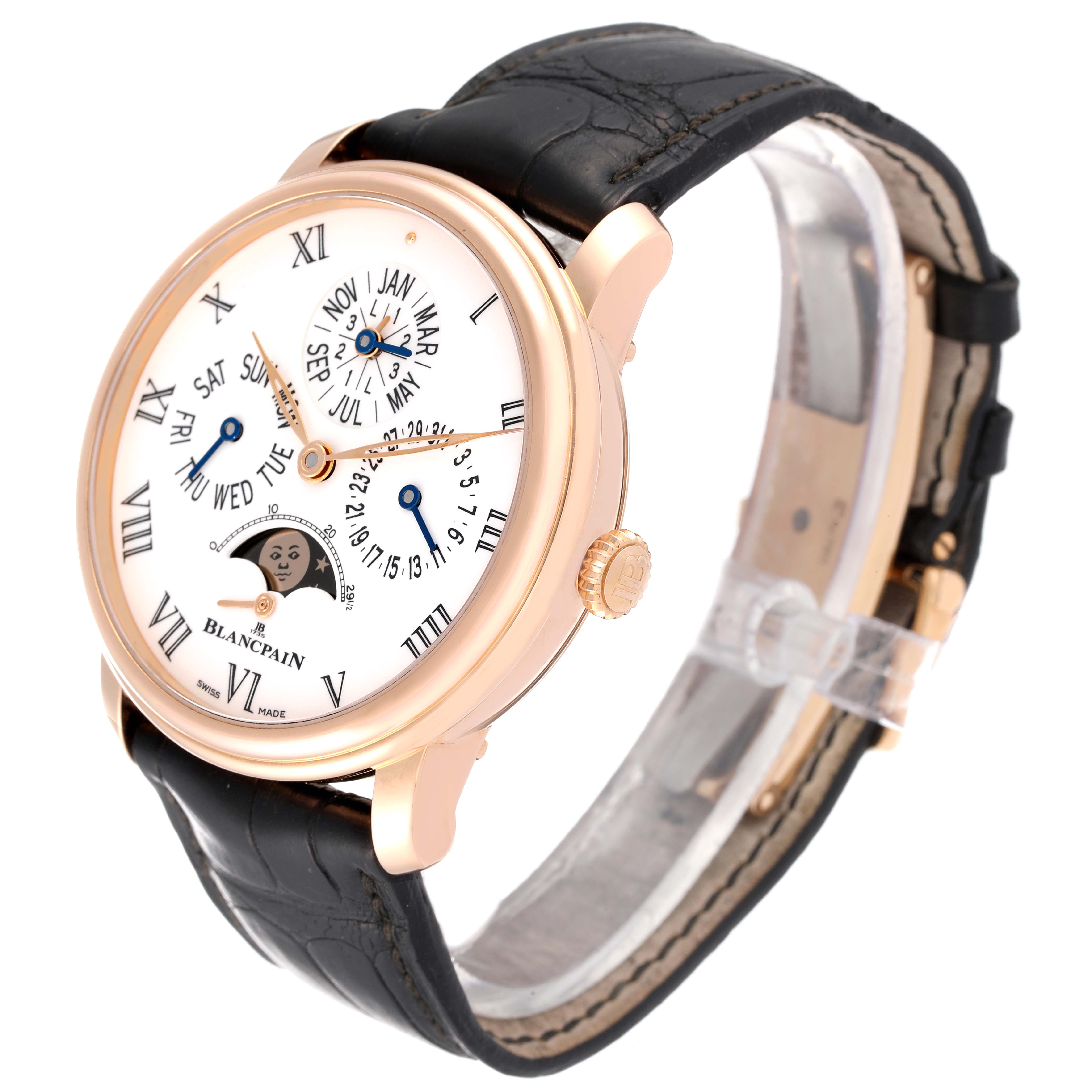 The image shows a Blancpain Villeret 6659-3631-55B Men's Rose Gold White Dial 6659-3631-55B Men's Rose Gold White Dial watch at an angle, highlighting its face, strap, and crown.