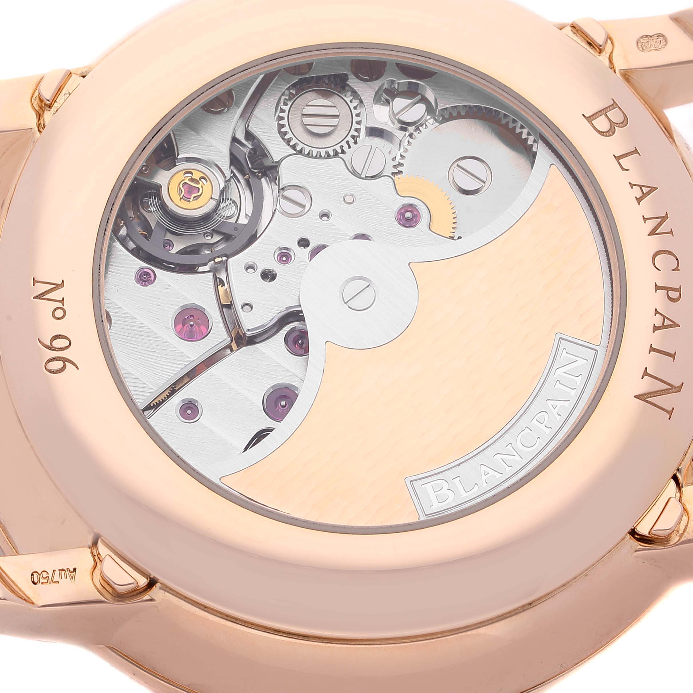 The image shows the back view of the Blancpain Villeret 6659-3631-55B Men's Rose Gold White Dial 6659-3631-55B Men's Rose Gold White Dial watch, highlighting its intricate mechanical movement.
