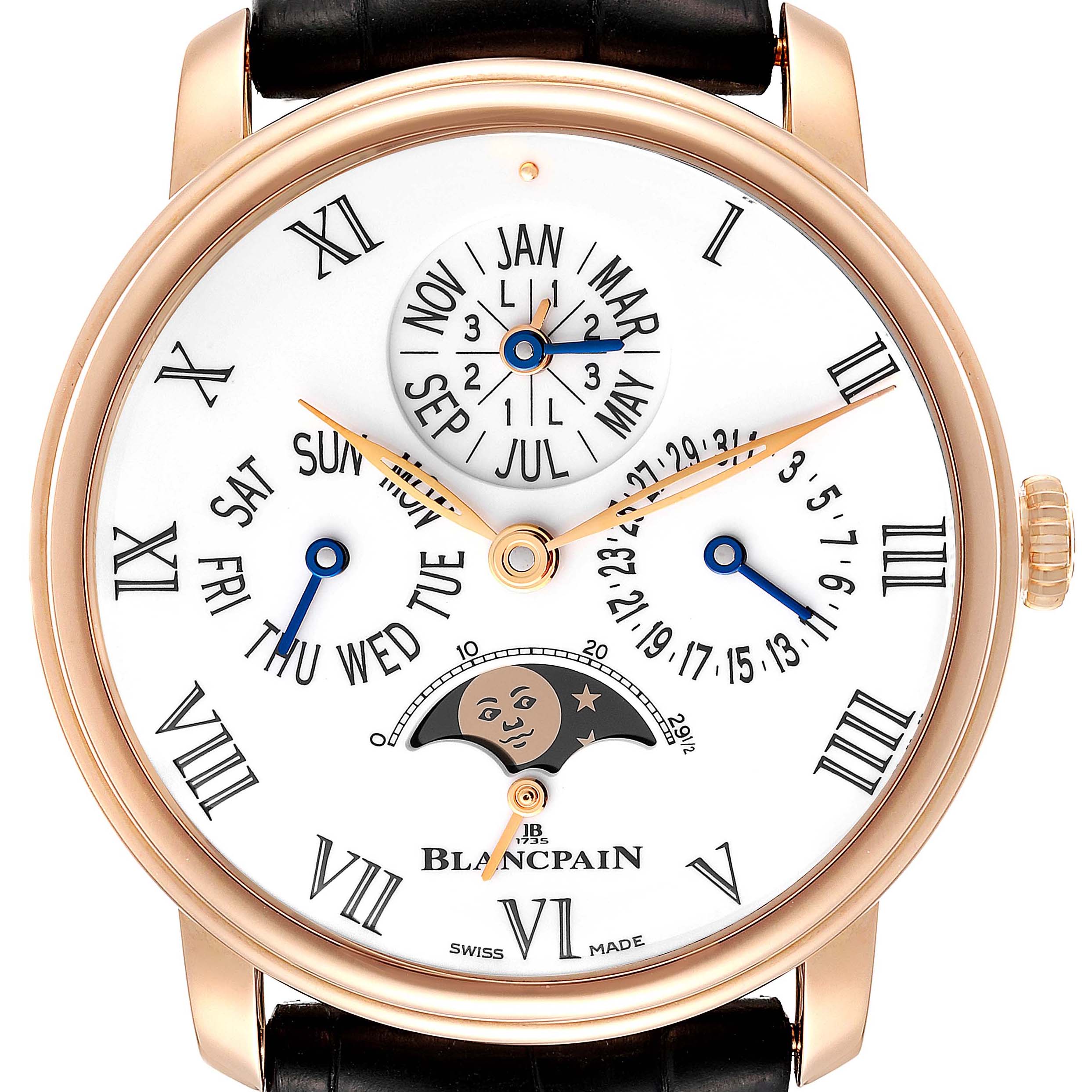 The image shows a frontal view of the Blancpain Villeret 6659-3631-55B Men's Rose Gold White Dial 6659-3631-55B Men's Rose Gold White Dial watch, highlighting its dial, hands, calendar functions, and moon phase indicator.