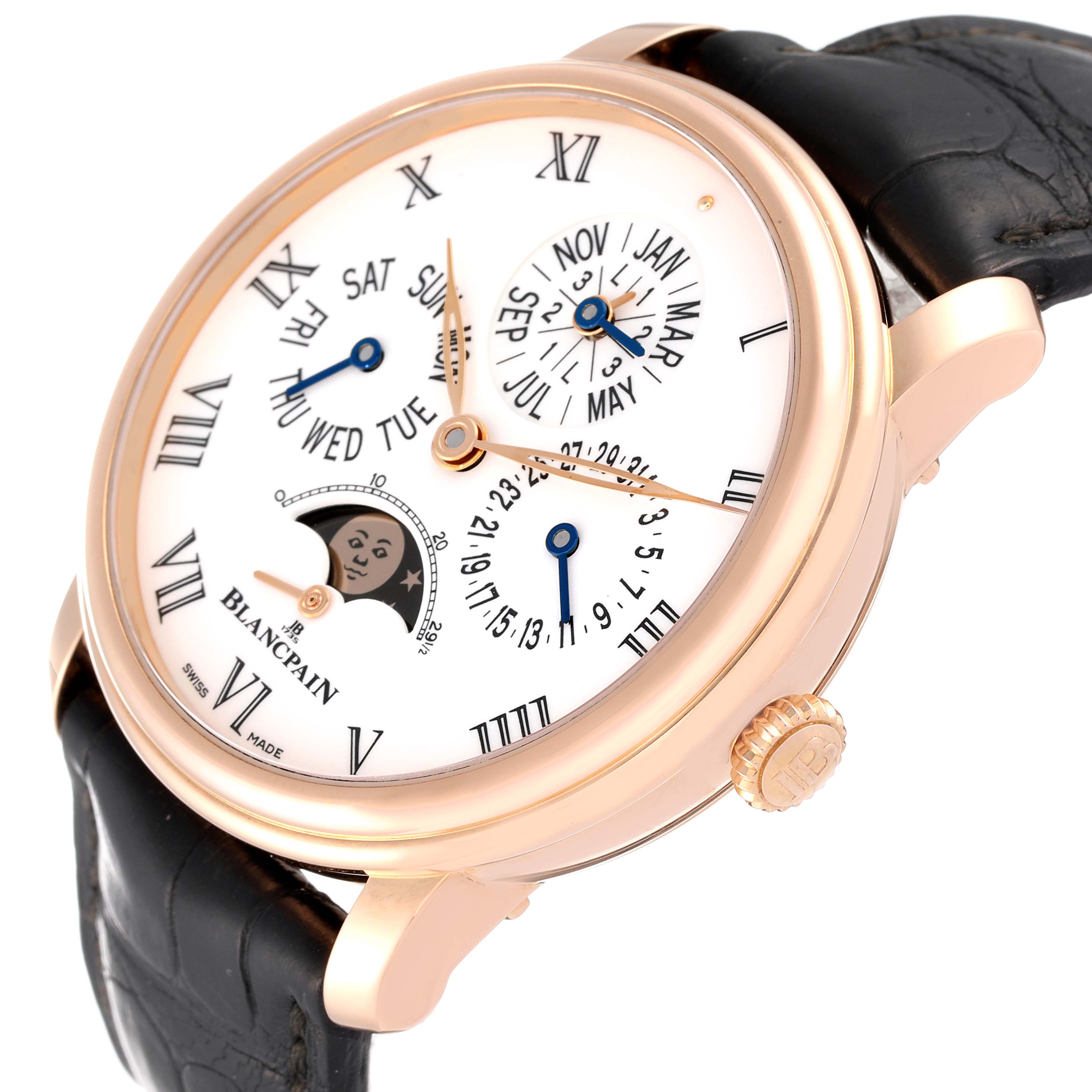The Blancpain Villeret 6659-3631-55B Men's Rose Gold White Dial 6659-3631-55B Men's Rose Gold White Dial watch is shown at an angle emphasizing the dial, crown, and leather strap.