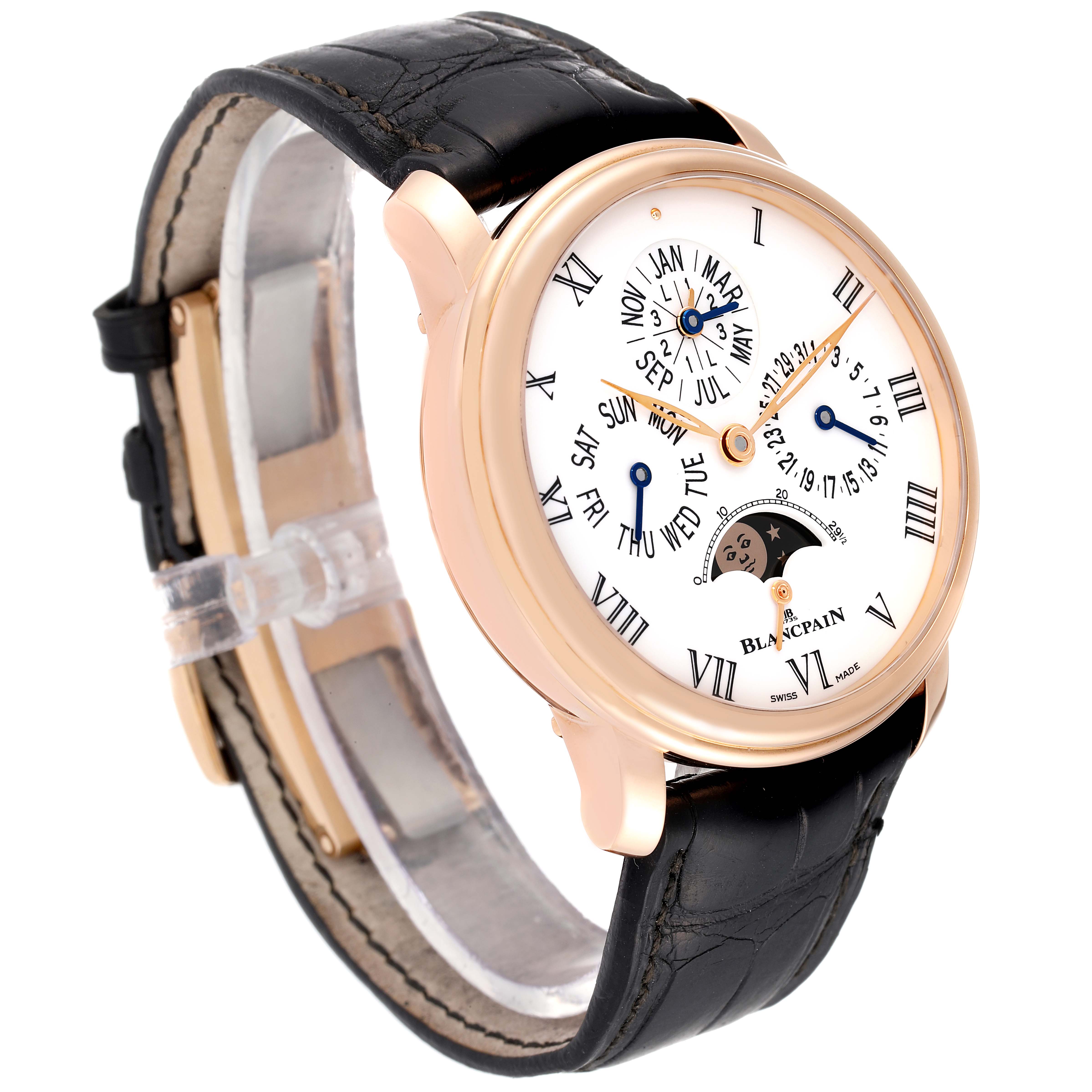 The image shows a side and slightly angled front view of a Blancpain Villeret 6659-3631-55B Men's Rose Gold White Dial 6659-3631-55B Men's Rose Gold White Dial watch, highlighting its dial and leather strap.