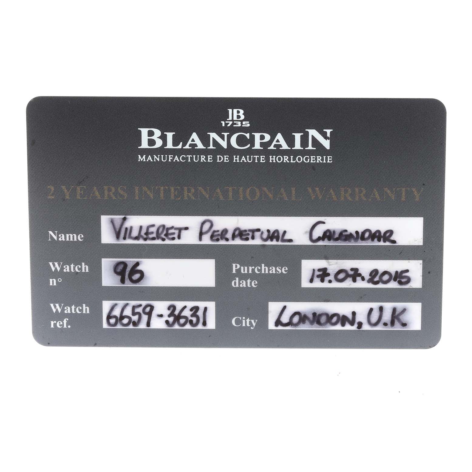 The image shows an international warranty card for the Blancpain Villeret 6659-3631-55B Men's Rose Gold White Dial 6659-3631-55B Men's Rose Gold White Dial Perpetual Calendar watch, including details like model, purchase date, and location.