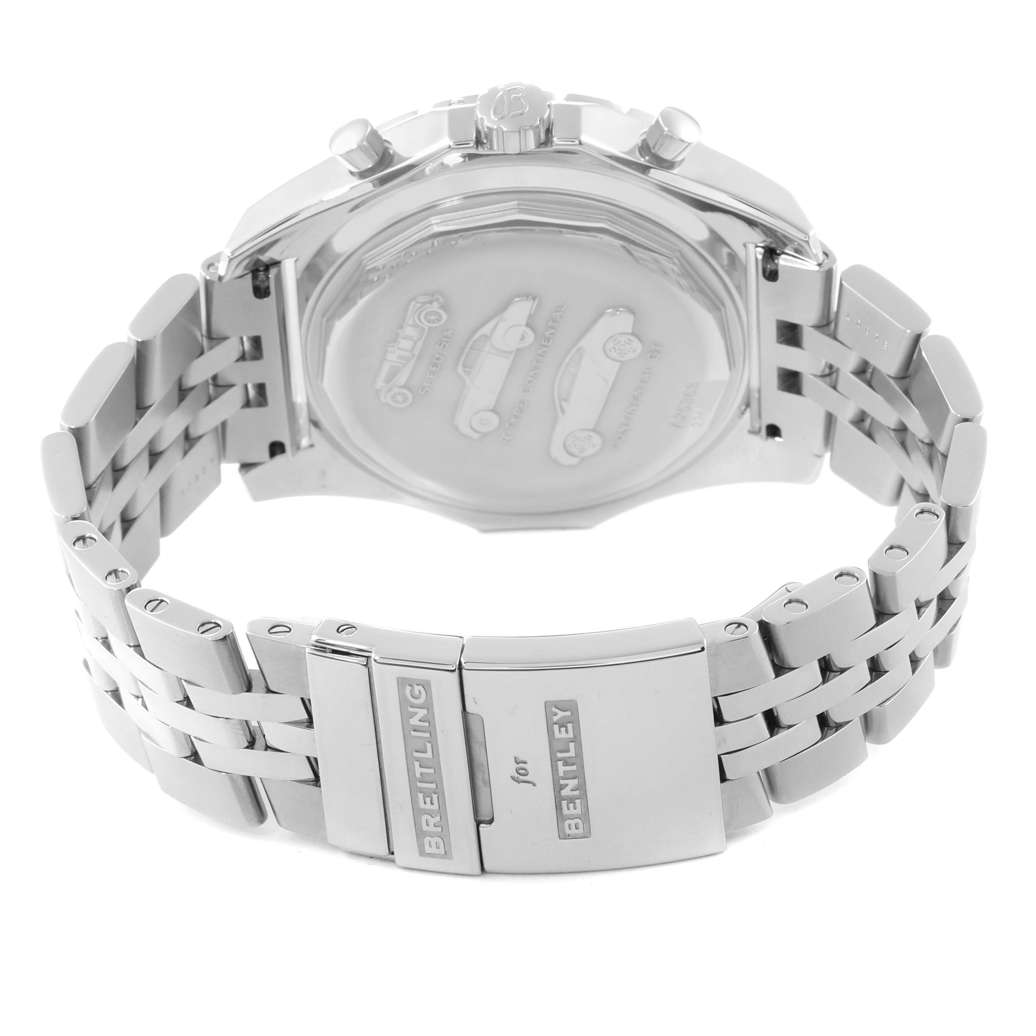 The image shows the back and bracelet of a Bentley model by Breitling, highlighting the clasp and case back.