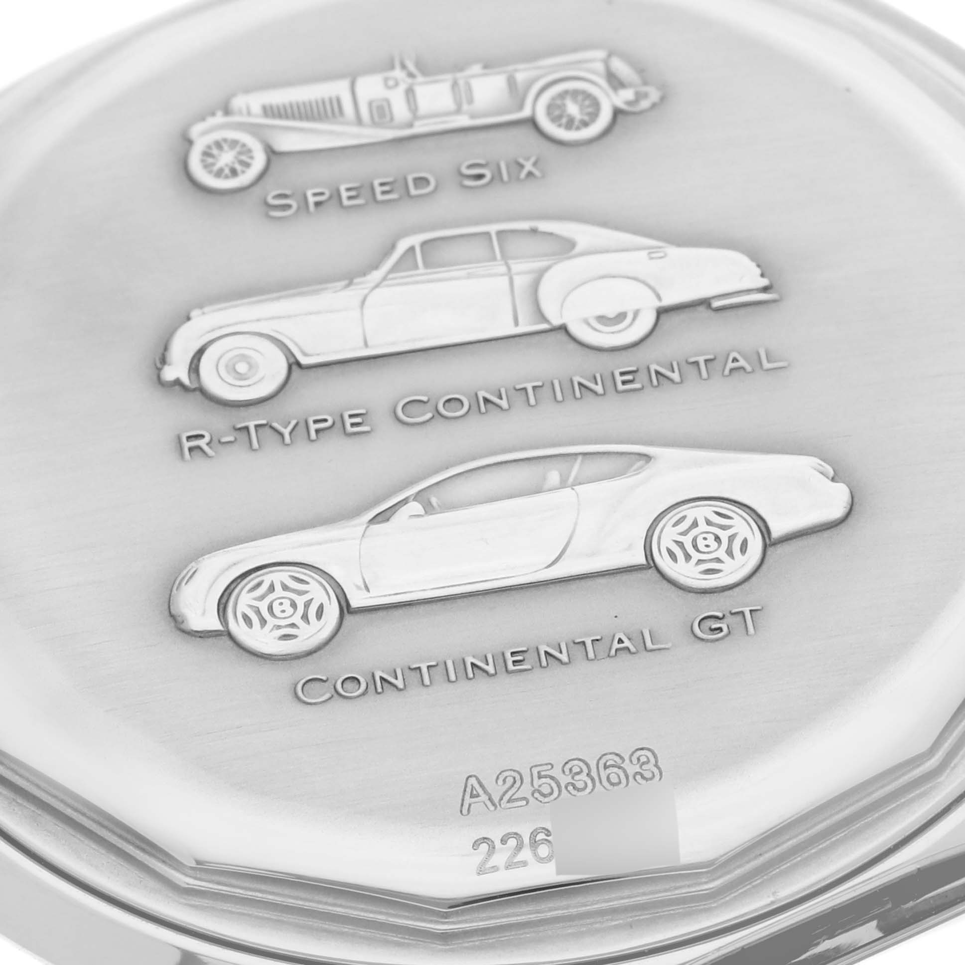 This image shows the engraved back case of a Breitling Bentley A25363 Men
s Stainless Steel Brown Dial A25363 Men
s Stainless Steel Brown Dial model watch, featuring car designs.