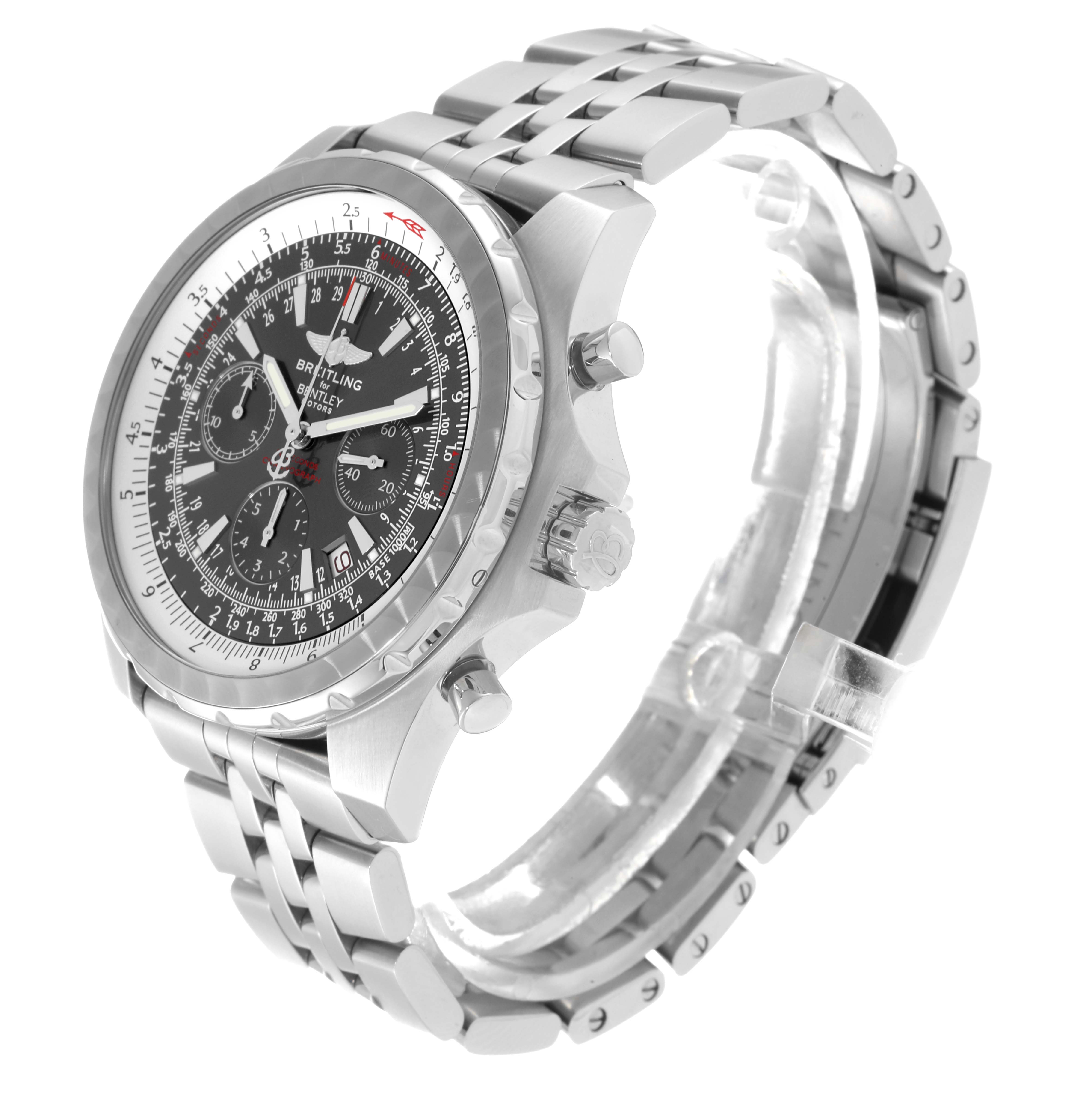 The Breitling Bentley A25363 Men
s Stainless Steel Brown Dial A25363 Men
s Stainless Steel Brown Dial model watch is shown from an angled side view, highlighting the face, case, crown, and bracelet.