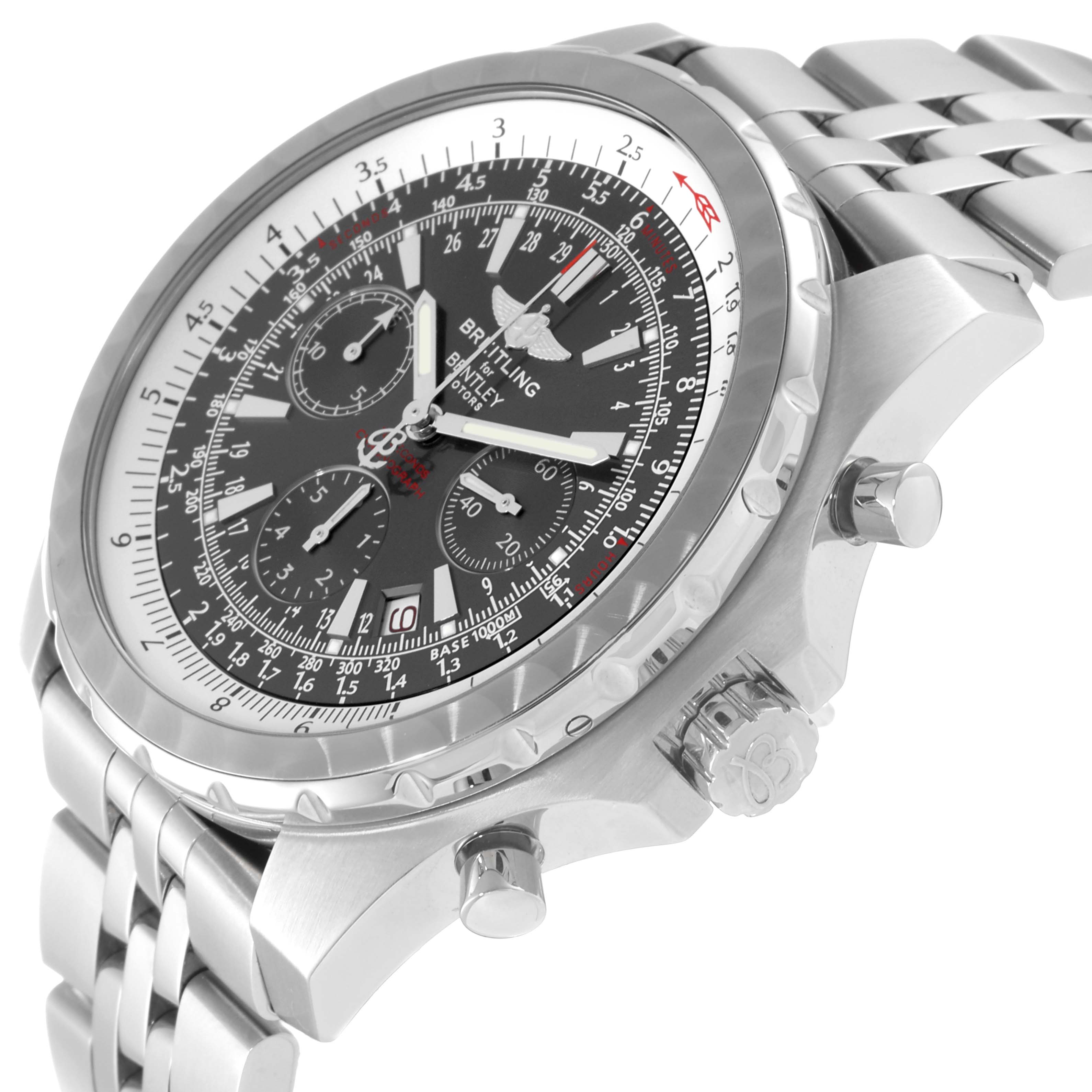 This image shows a Breitling Bentley A25363 Men
s Stainless Steel Brown Dial A25363 Men
s Stainless Steel Brown Dial watch at an angle highlighting the face, bezel, crown, pushers, and part of the bracelet.