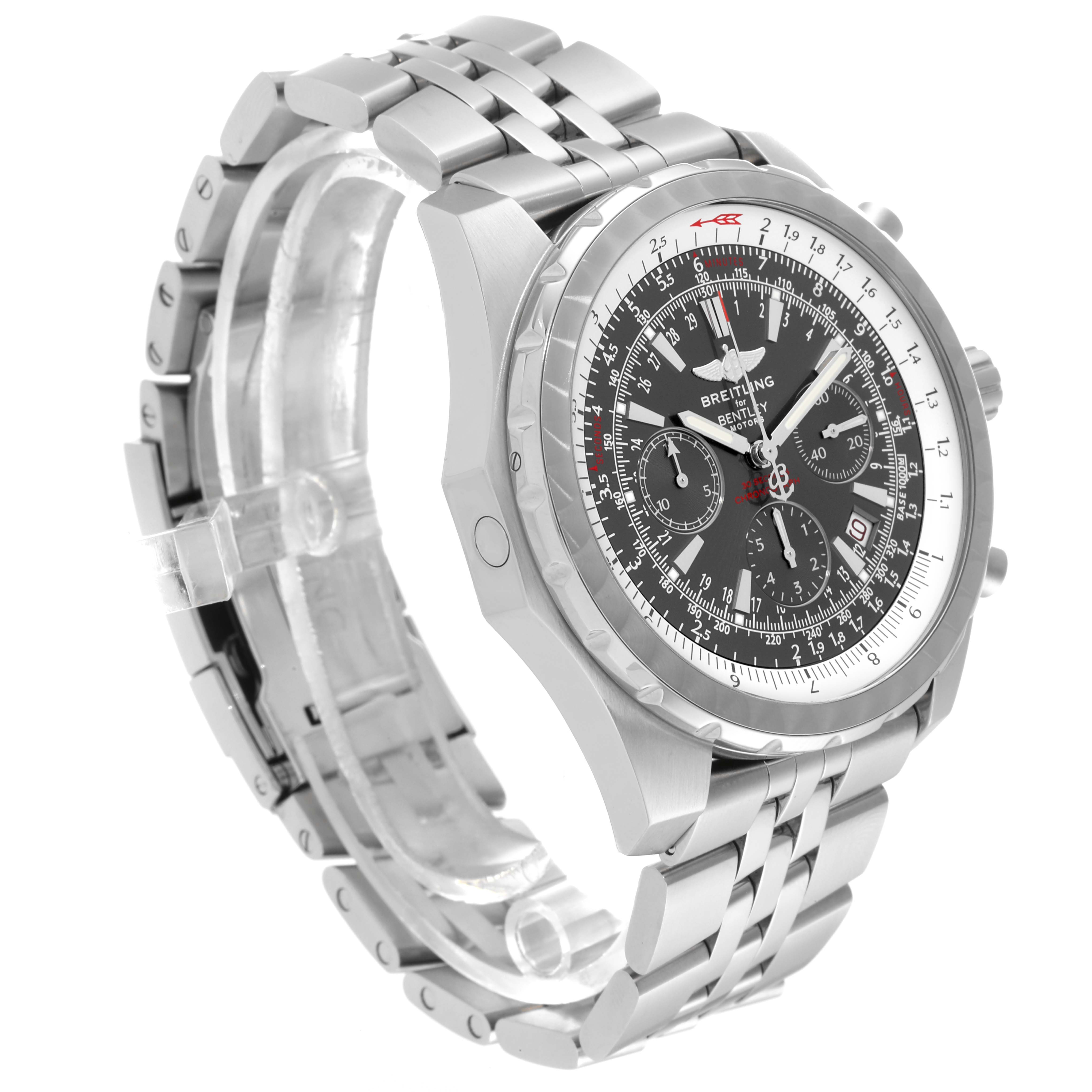 The image shows a Breitling Bentley A25363 Men
s Stainless Steel Brown Dial A25363 Men
s Stainless Steel Brown Dial watch at a 3/4 angle, highlighting its metallic bracelet and detailed dial with three subdials.