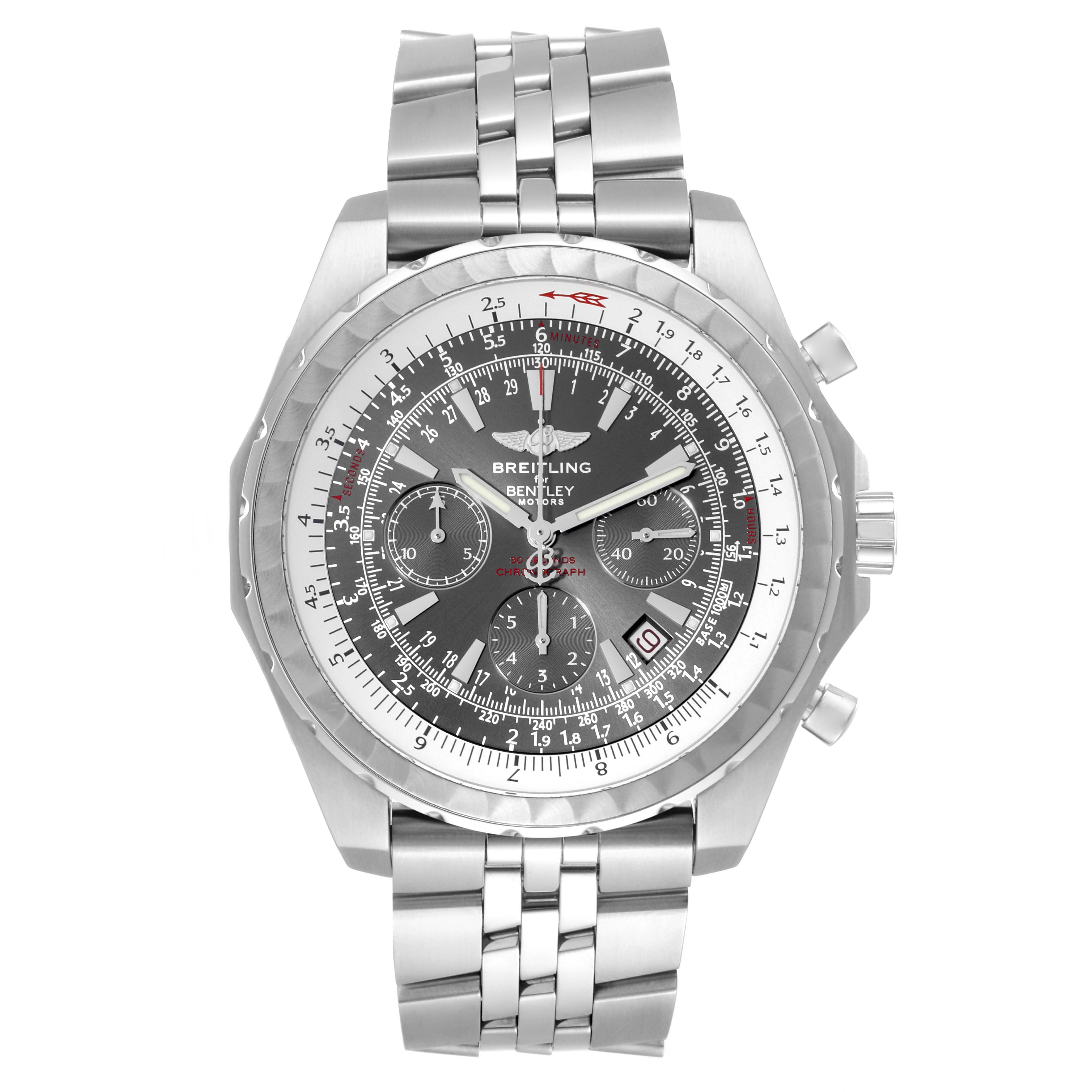 This image shows a frontal view of the Breitling Bentley A25363 Men
s Stainless Steel Brown Dial A25363 Men
s Stainless Steel Brown Dial watch, displaying the dial, bezel, and metal bracelet.