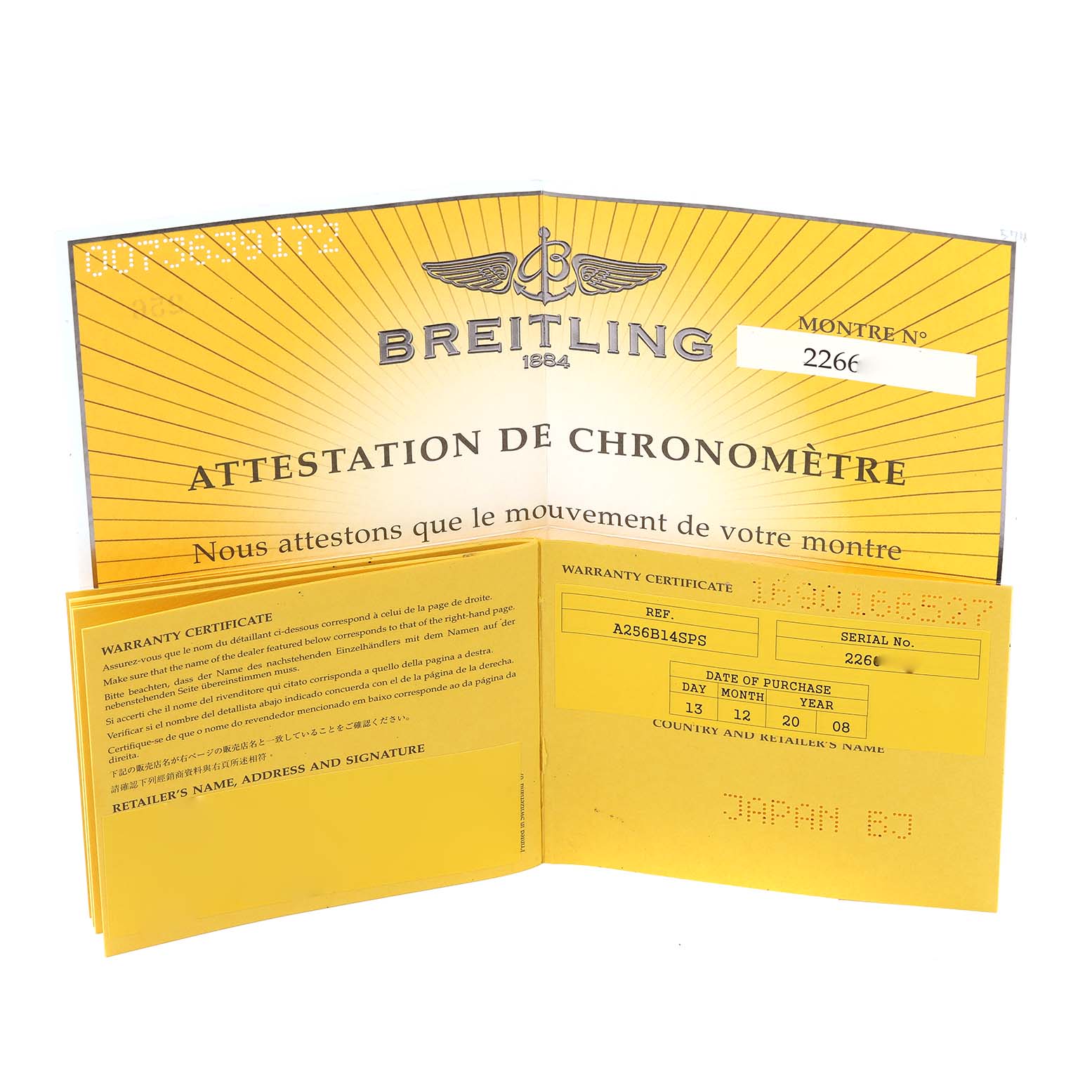 The image shows warranty certificates and a chronometer attestation for the Breitling Bentley A25363 Men
s Stainless Steel Brown Dial A25363 Men
s Stainless Steel Brown Dial watch model.