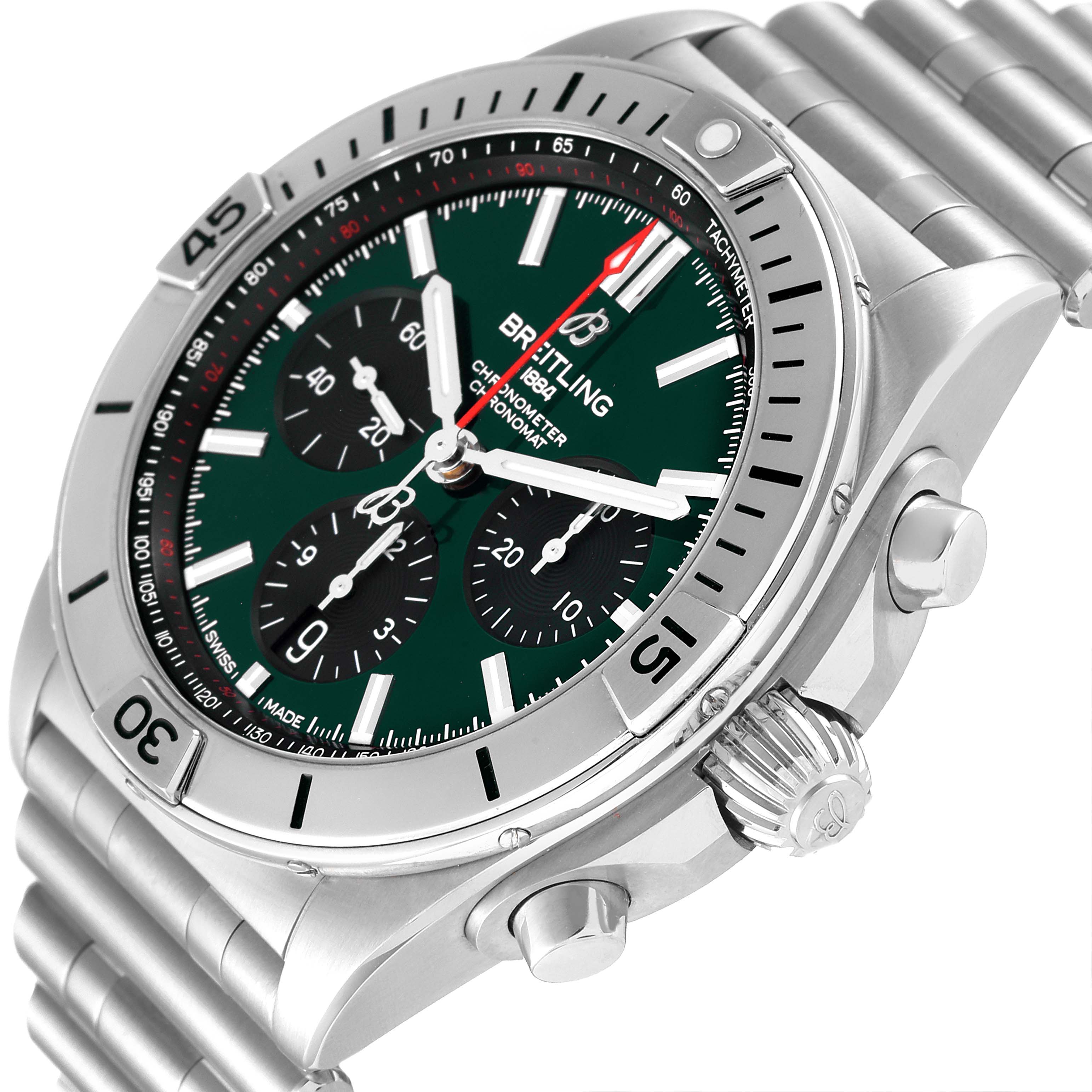 The Breitling Chronomat AB01343A1L1A1 Men's Stainless Steel Green Dial AB01343A1L1A1 Men's Stainless Steel Green Dial watch is shown at an angled view, highlighting the dial, bezel, crown, and stainless steel bracelet.