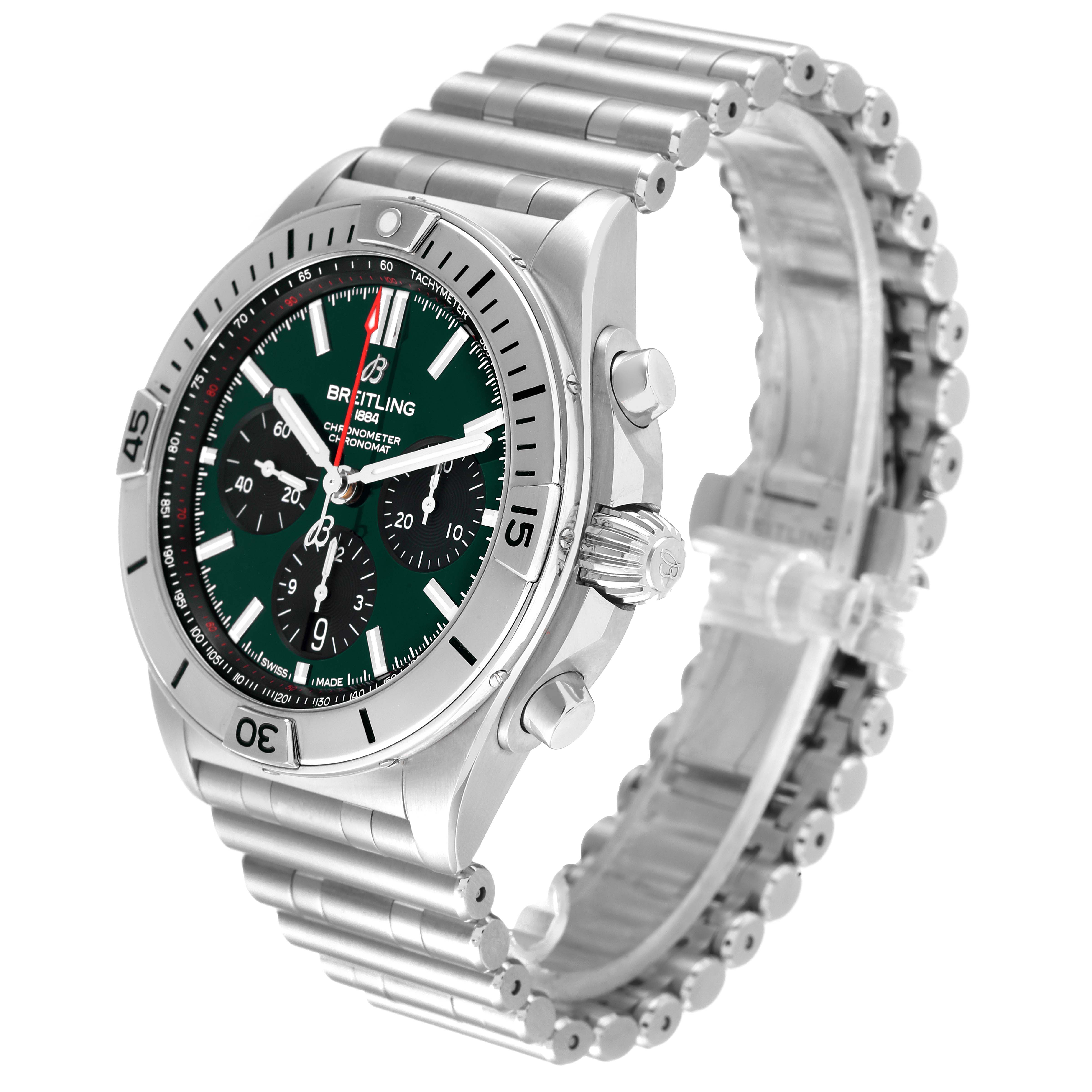 This image shows a side angle of the Breitling Chronomat AB01343A1L1A1 Men's Stainless Steel Green Dial AB01343A1L1A1 Men's Stainless Steel Green Dial watch displaying its face, bezel, crown, and bracelet.