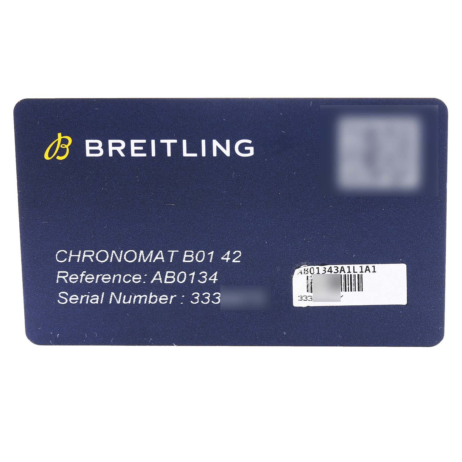 This image shows a QR card for the Breitling Chronomat AB01343A1L1A1 Men's Stainless Steel Green Dial AB01343A1L1A1 Men's Stainless Steel Green Dial B01 42, featuring reference and serial numbers.