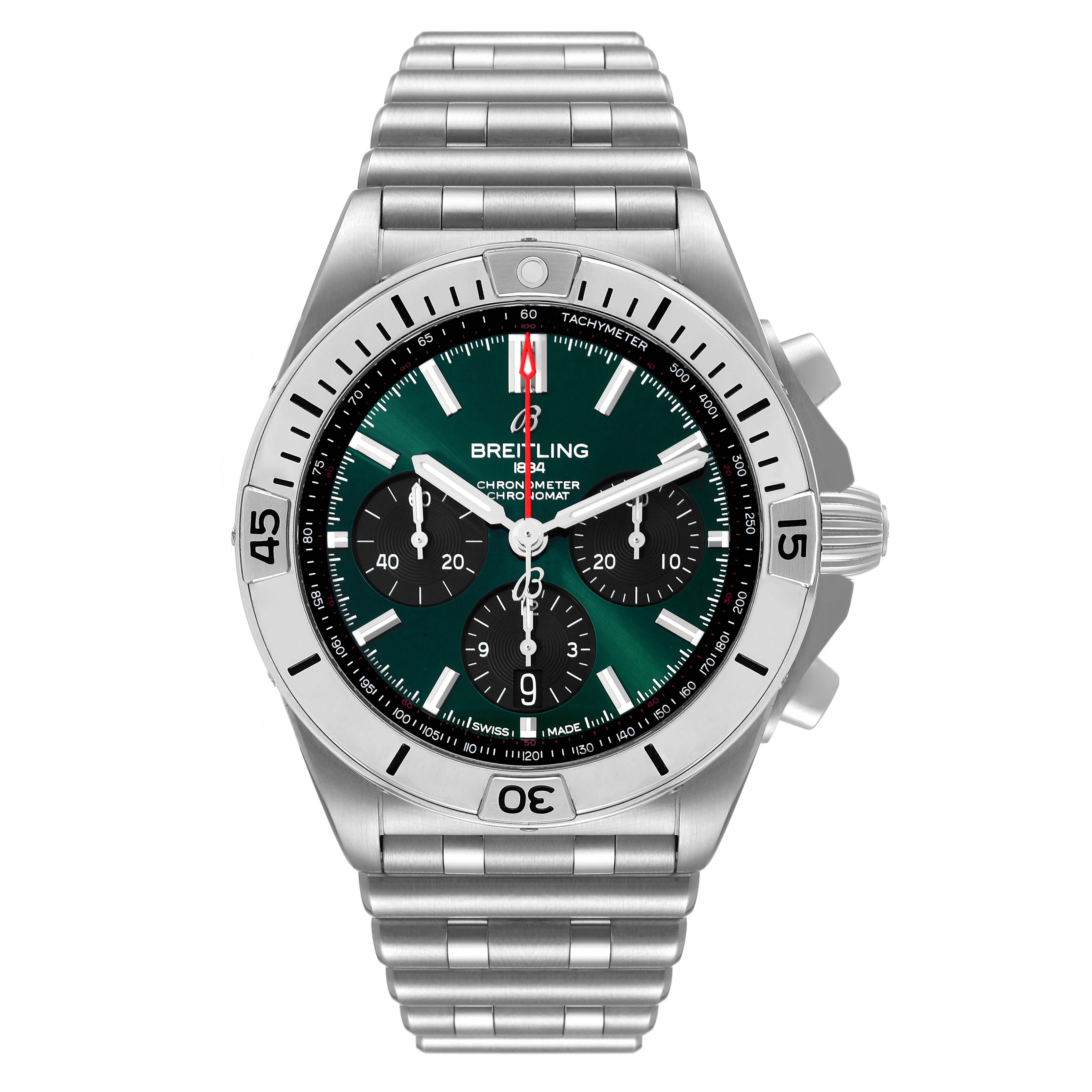This image shows a front view of the Breitling Chronomat AB01343A1L1A1 Men's Stainless Steel Green Dial AB01343A1L1A1 Men's Stainless Steel Green Dial watch, displaying its dial, bezel, and bracelet.
