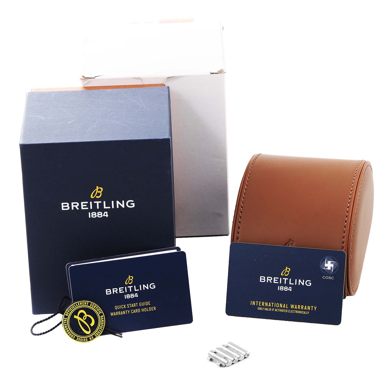 The image shows the Breitling Chronomat AB01343A1L1A1 Men's Stainless Steel Green Dial AB01343A1L1A1 Men's Stainless Steel Green Dial model packaging, including a blue box, a leather travel case, manuals, warranty card, and extra links.
