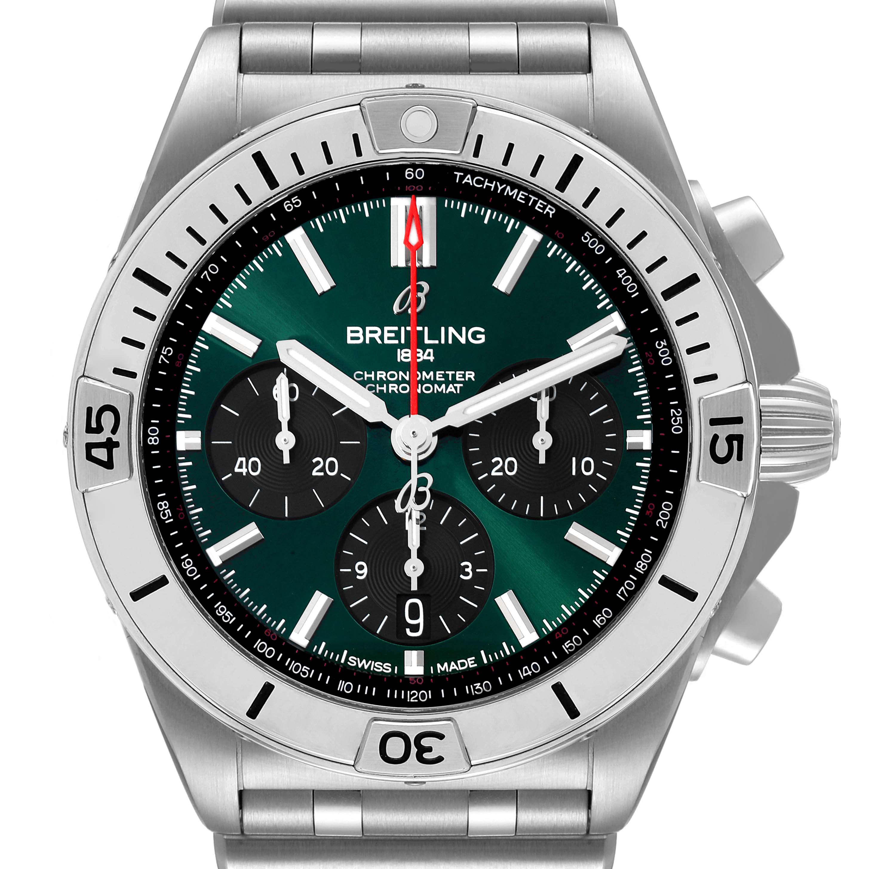 The image shows a front view of the Breitling Chronomat AB01343A1L1A1 Men's Stainless Steel Green Dial AB01343A1L1A1 Men's Stainless Steel Green Dial watch, featuring its stainless steel case, green dial, and chronograph subdials.