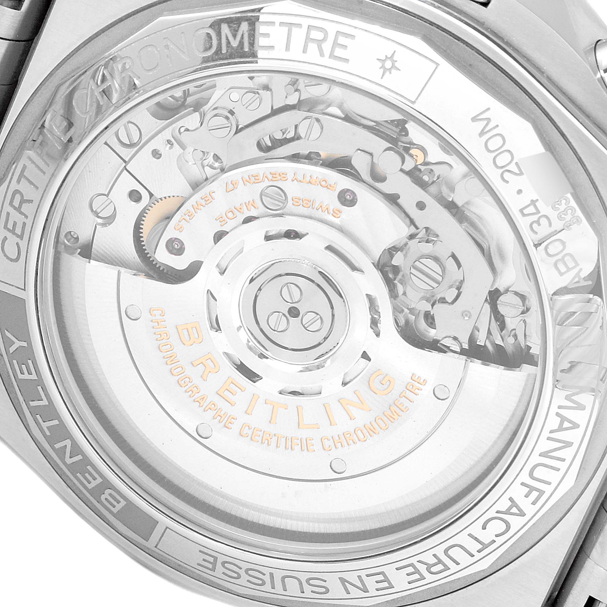 The image shows the back case of a Breitling Chronomat AB01343A1L1A1 Men's Stainless Steel Green Dial AB01343A1L1A1 Men's Stainless Steel Green Dial watch, detailing its inner mechanisms.