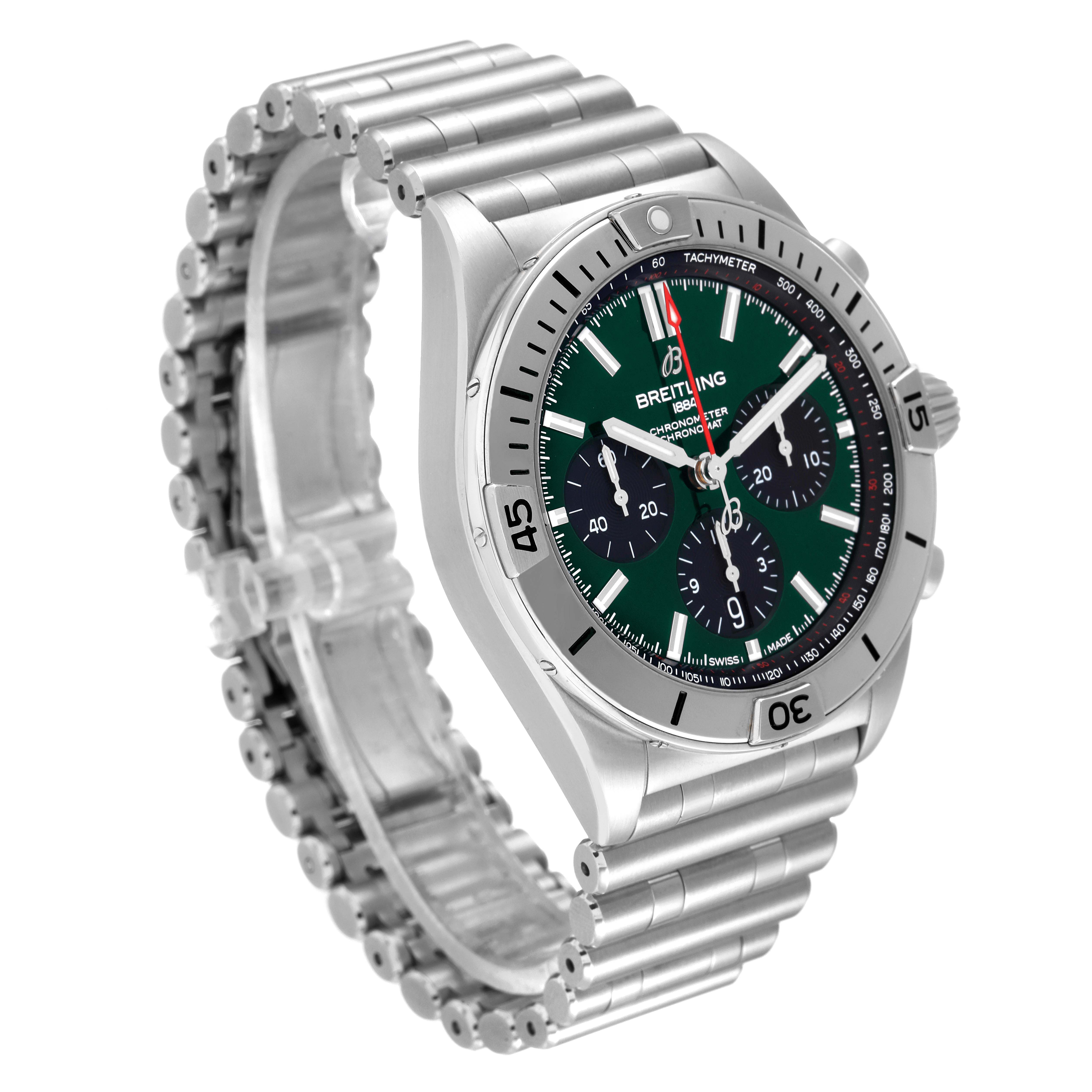 The image shows a Breitling Chronomat AB01343A1L1A1 Men's Stainless Steel Green Dial AB01343A1L1A1 Men's Stainless Steel Green Dial watch at a three-quarter angle, highlighting its face, bezel, and metal bracelet.