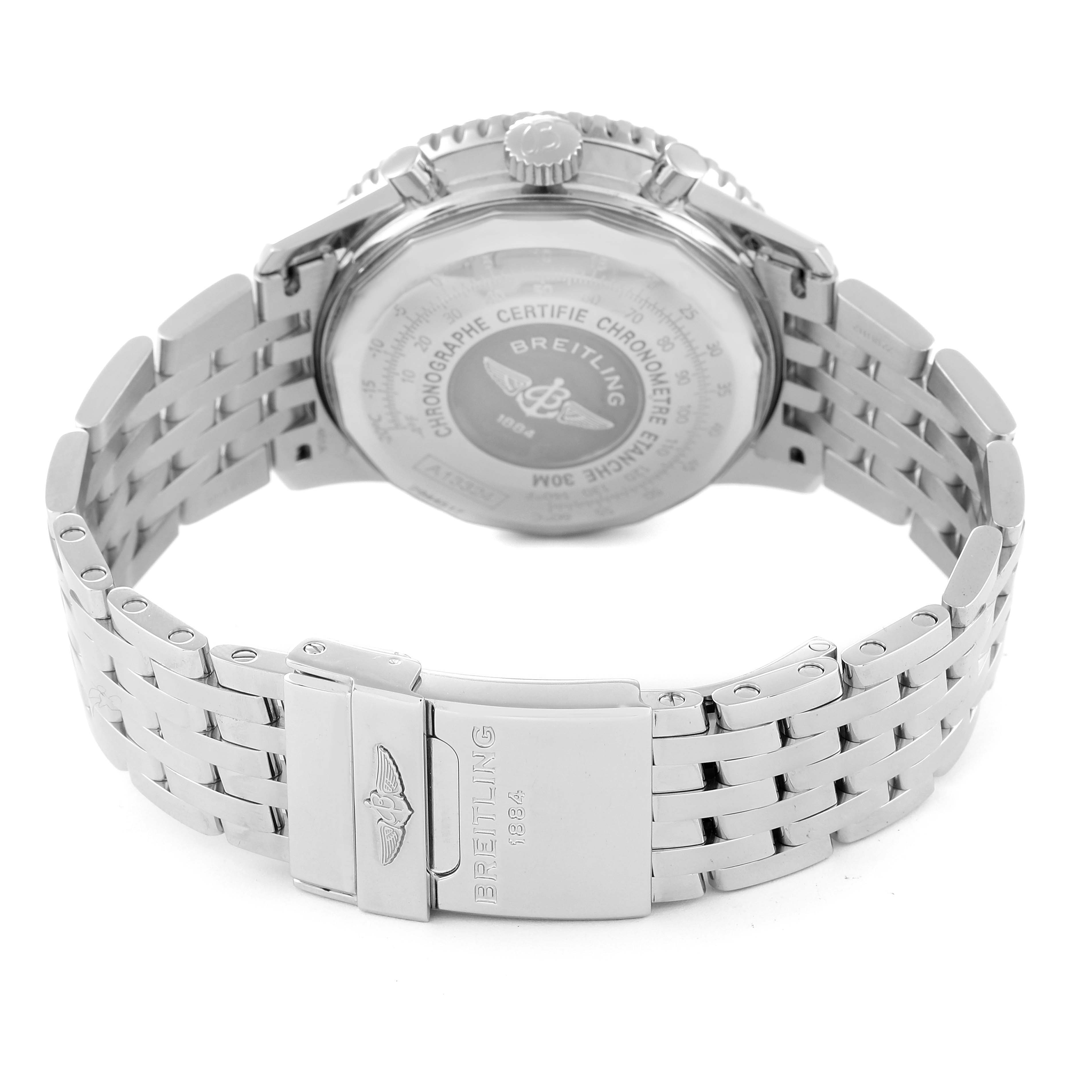 The image shows the back view of a Breitling Navitimer A13324 Men
s Stainless Steel Blue Dial A13324 Men
s Stainless Steel Blue Dial watch, highlighting the clasp, bracelet, and case back.