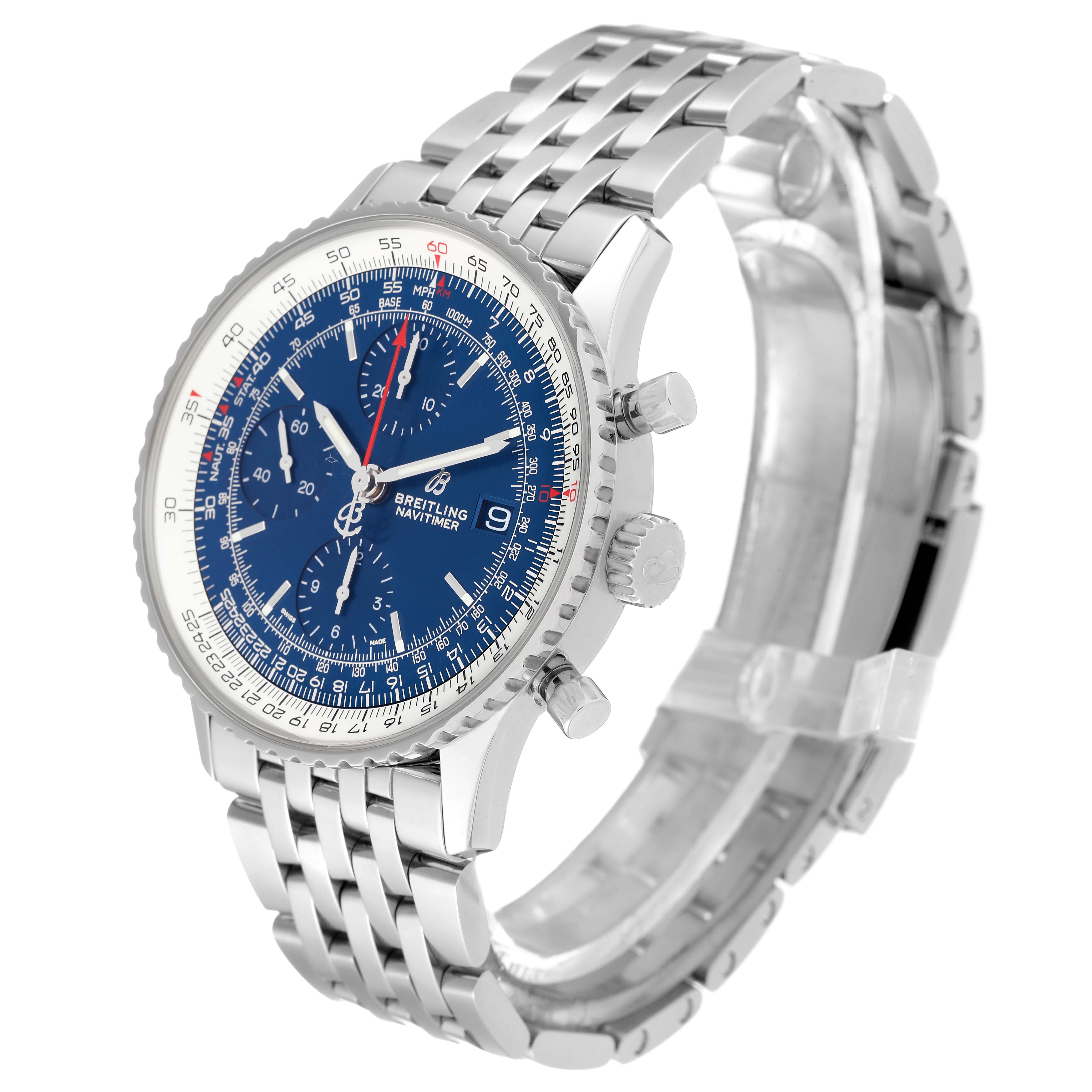 The image shows a Breitling Navitimer A13324 Men
s Stainless Steel Blue Dial A13324 Men
s Stainless Steel Blue Dial watch from a three-quarter angle, highlighting the dial, bezel, crown, pushers, and bracelet.
